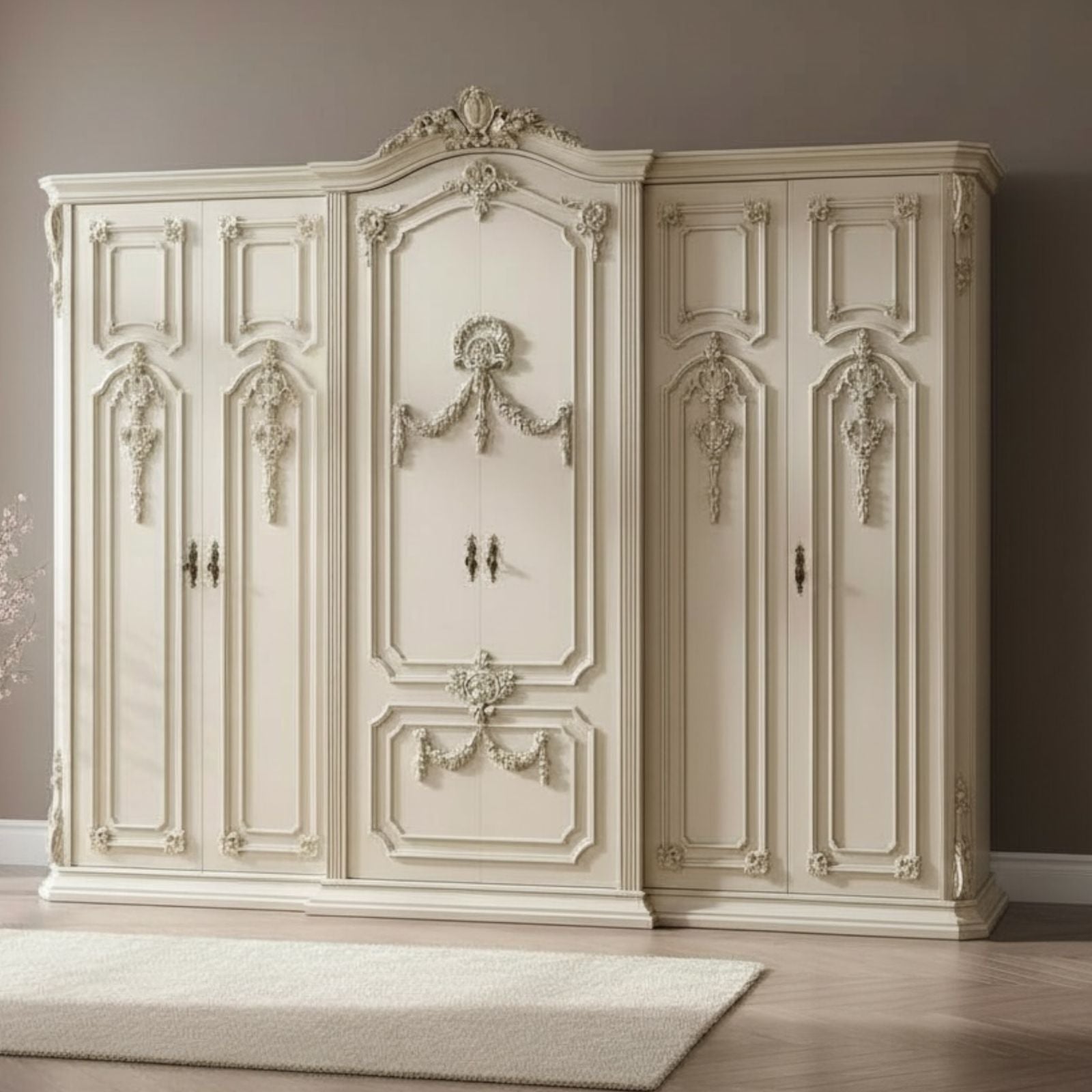 غرفة نوم كلاسيكية ملكية بتفاصيل مزخرفة وتنجيد فاخر