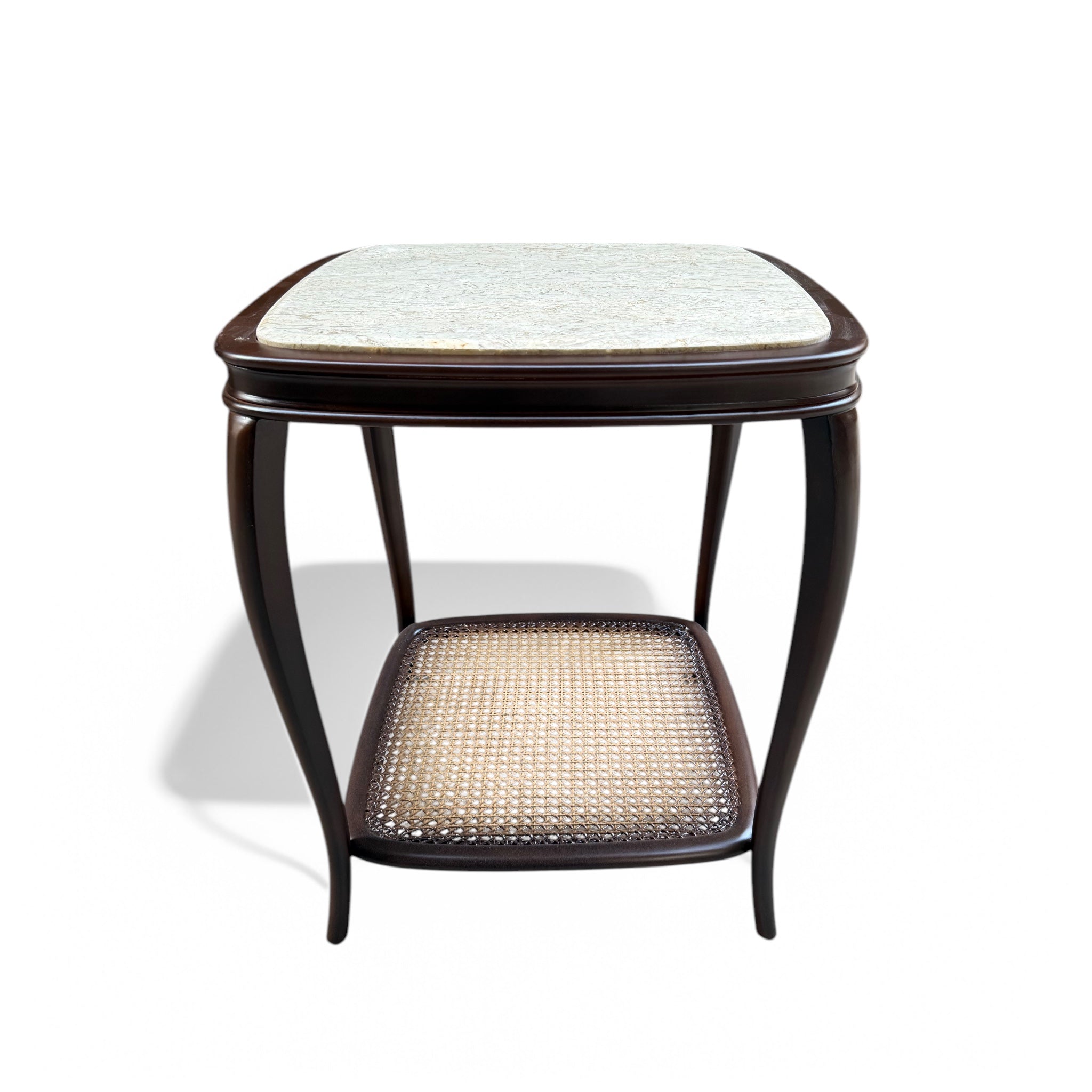 Brown side table inlaid with cane