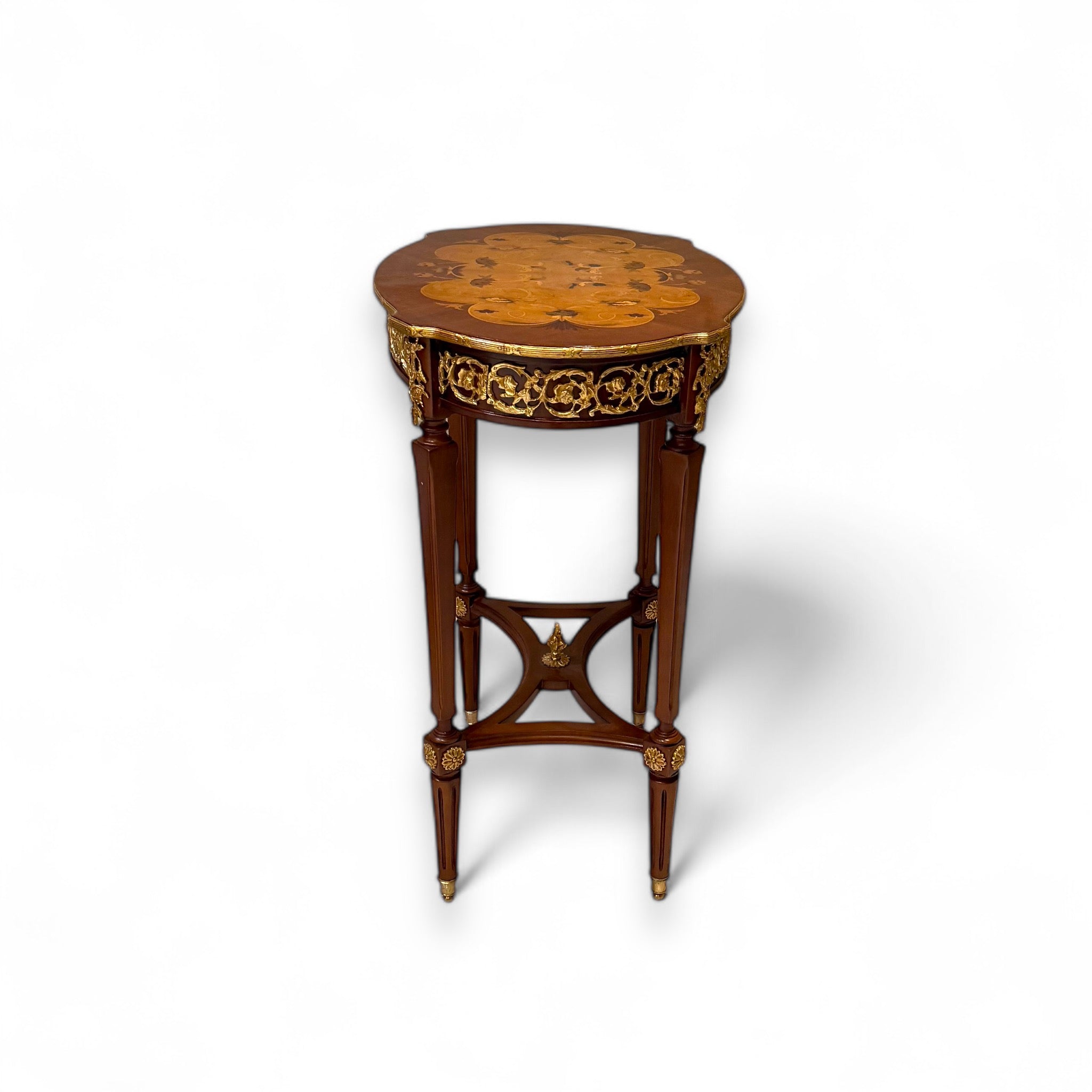 French Style Table Set - 3 Pieces Antique with Marquetry and Brass Inlay