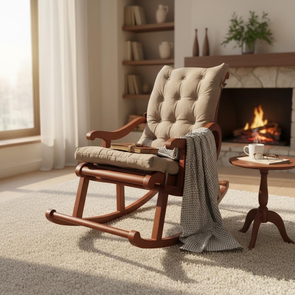 كرسي هزاز خشب بتنجيد مريح – متاح تغيير لون القماش - Nabolia