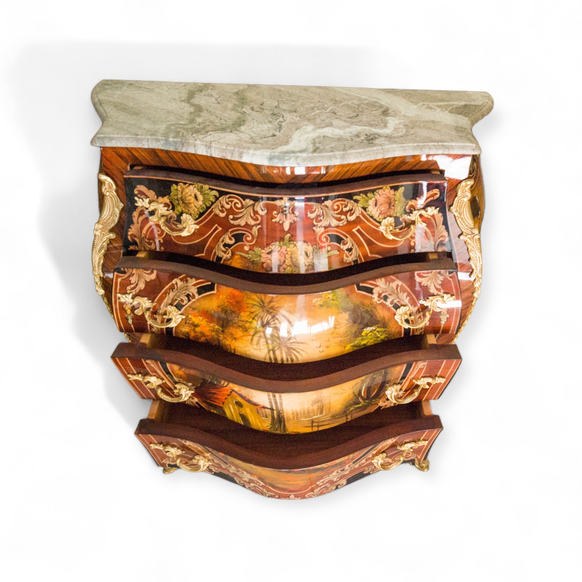 بايوه مطعم بالنحاس والرسم مقاس 90 سنتيمتر - بايوه اربعة درج مصنع من الاخشاب و القشرة الطبيعية مطعم بالنحاس المشغول يدويا وارسم اليدوي و القرصة رخام برتغالي المقاسات: W 90 CM * H 90 CM * B 50 CM