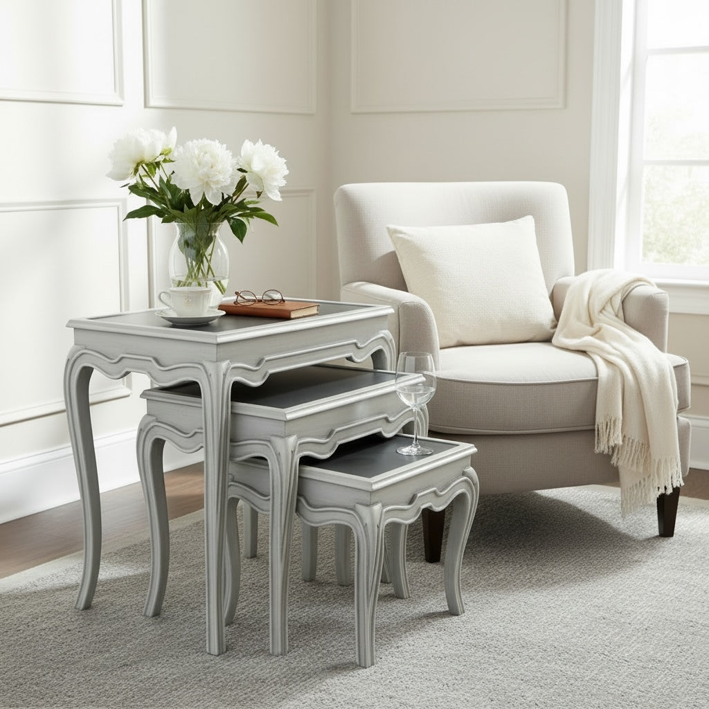 طقم ترابيزات ثلاثي نيوكلاسيك – اوف وايت جراي وزجاج