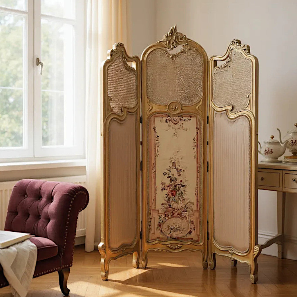 French pleated upholstery with natural print and cane fabric