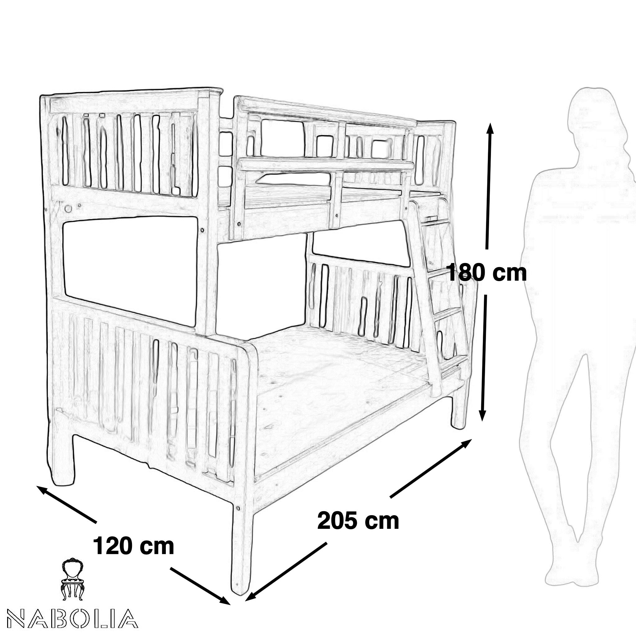 سرير دورين بلون الخشب تصميم مميز - سرير دورين مصنع من الخشب الزان من الاسفل سرير 120 و من الاعلي سرير متر مع ملة من خشب السويد قطع المقاسات: W 120 CM * B 205 CM * H 180 CM