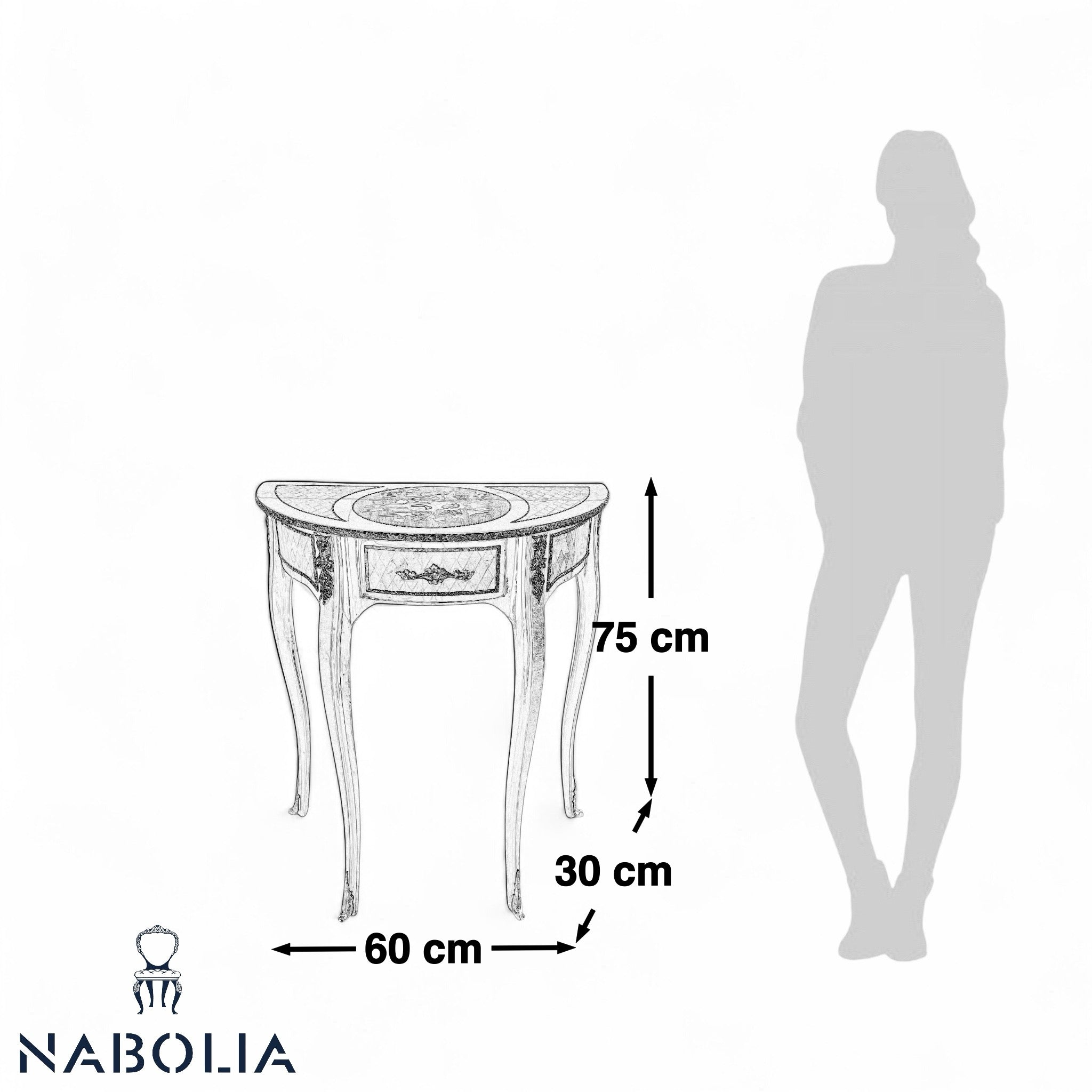 Classic semicircular table with marquetry and golden brass inlay