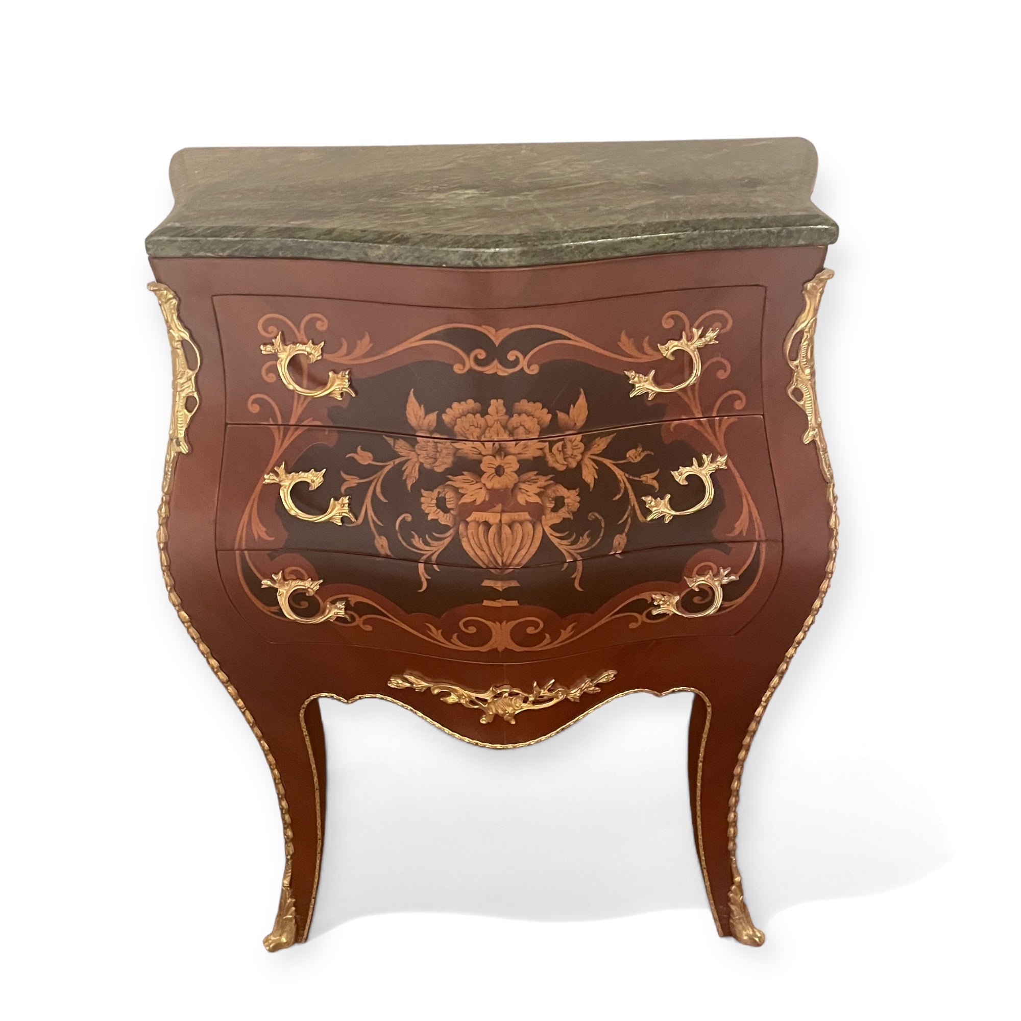 بايوه ماركتريه تلاتة درج مطعم بالنحاس - بايوه تلاتة درج ماركتريه طبيعي والقشرة الطبيعية و رخام اخضر هندي المقاسات: W 60 CM * H 75 CM * B 34 CM