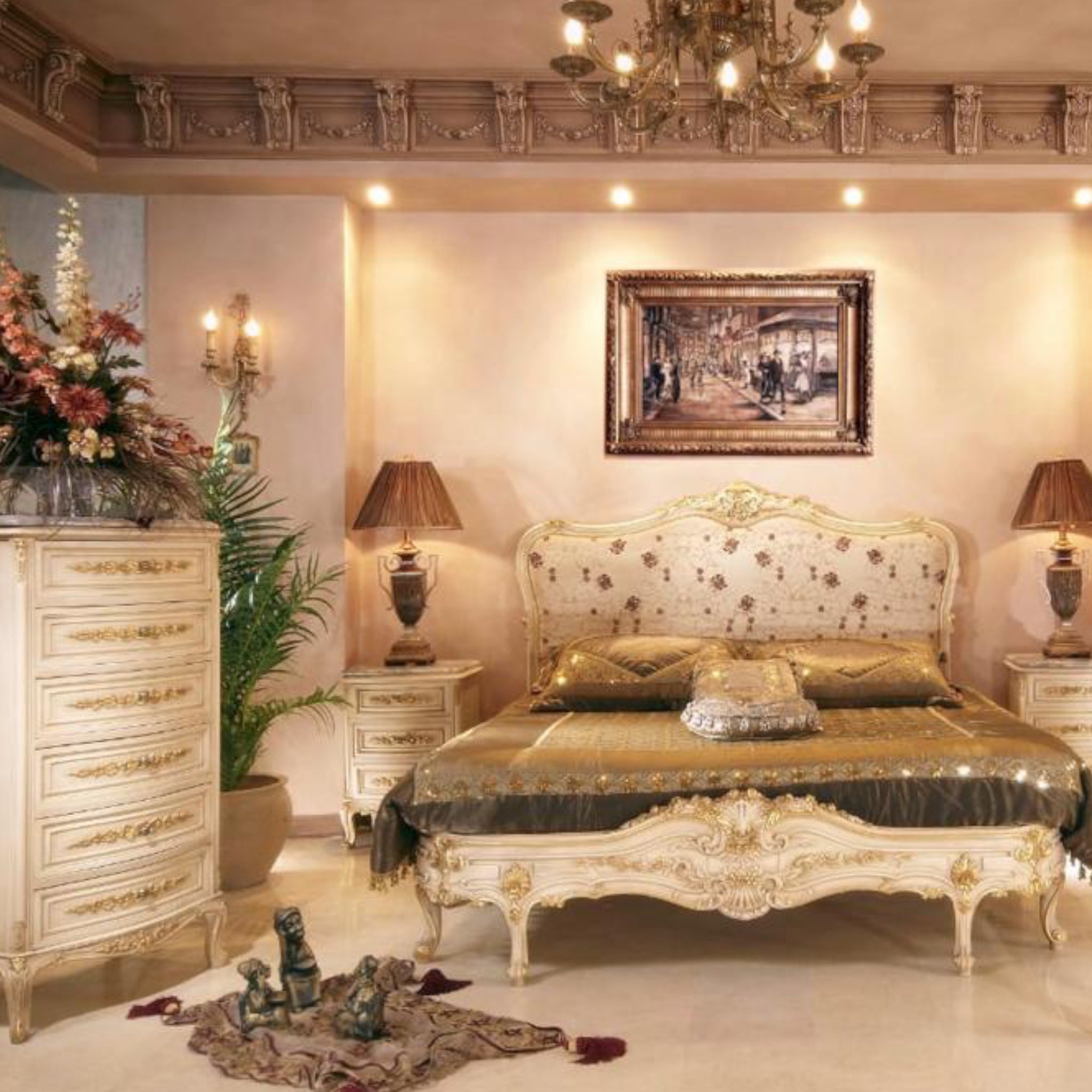غرفة نوم كلاسيك - غرفة نوم استيل مصنعة من الاخشاب الطبيعية و الدهان لاكيه ممشط بدهب و مكونة : دولاب استيل 290 سرير تنجيد كابتونيه مقاس 180 اتنين كومود 55 تسريحة 160 شوفنير 65