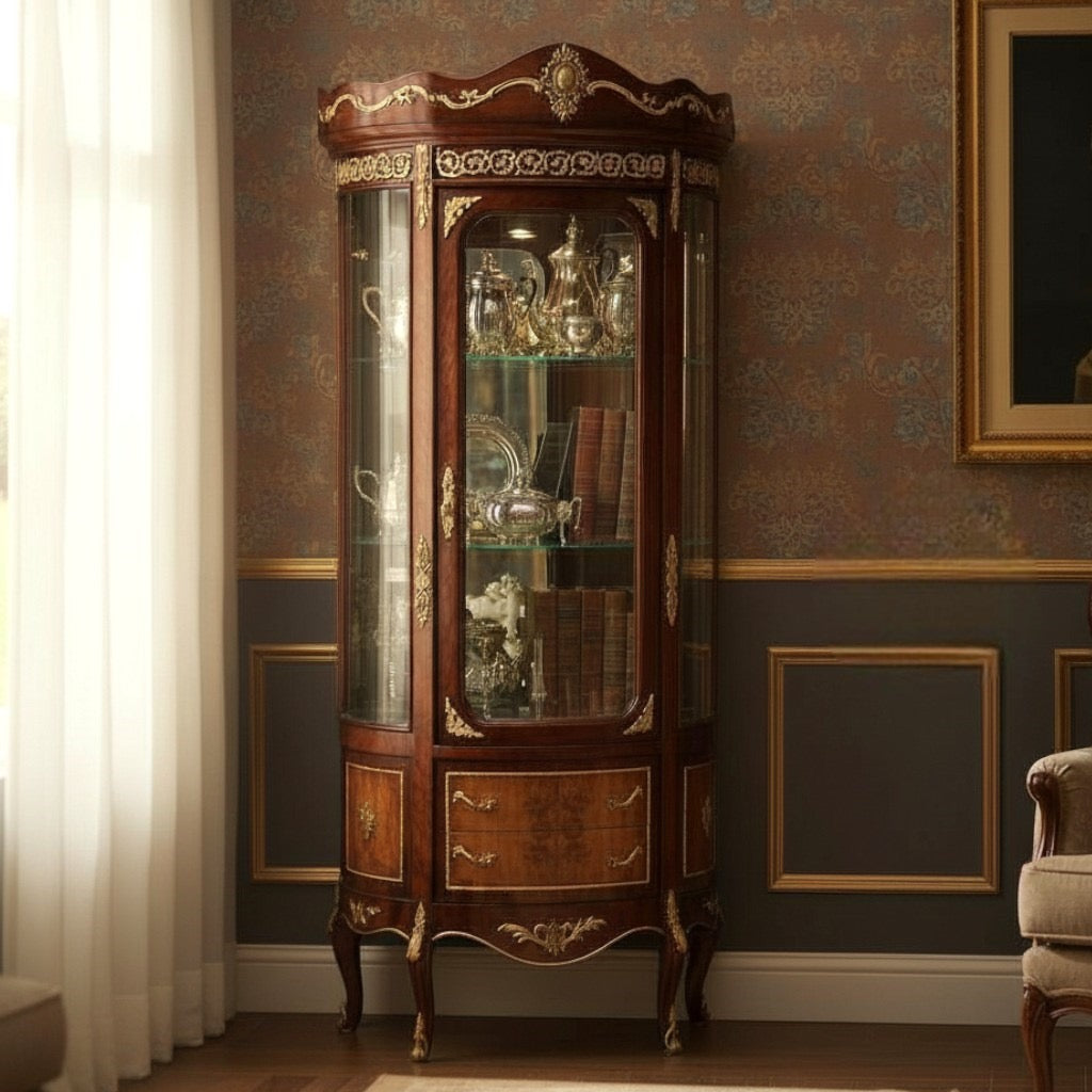 فاترينة أنتيك فاخرة مطعمة بالنحاس مع درجين تصميم كلاسيكي راقٍ