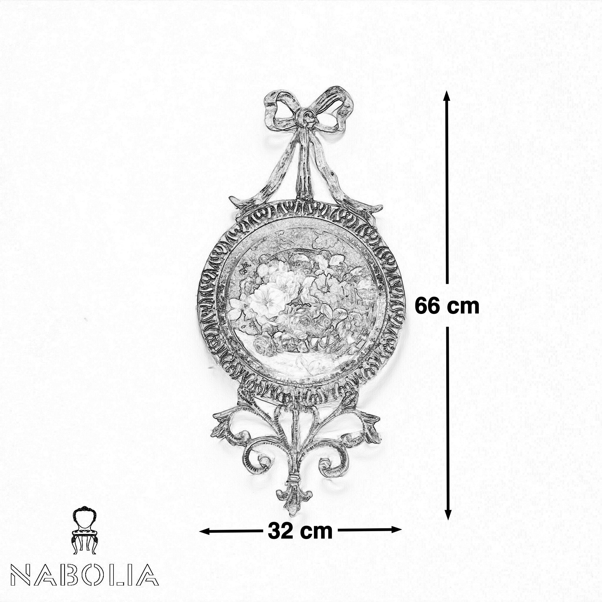 برواز تعليقة نحاسي - تعليقة نحاسية أنتيك مع طبق من الخزف المستورد على هيئة ورود خلابة ومنحوت بحواف دقيقة نحاسية معتٌق يمنح رونق التحف الكلاسيكية المقاسات: W 32 CM * H 66 CM