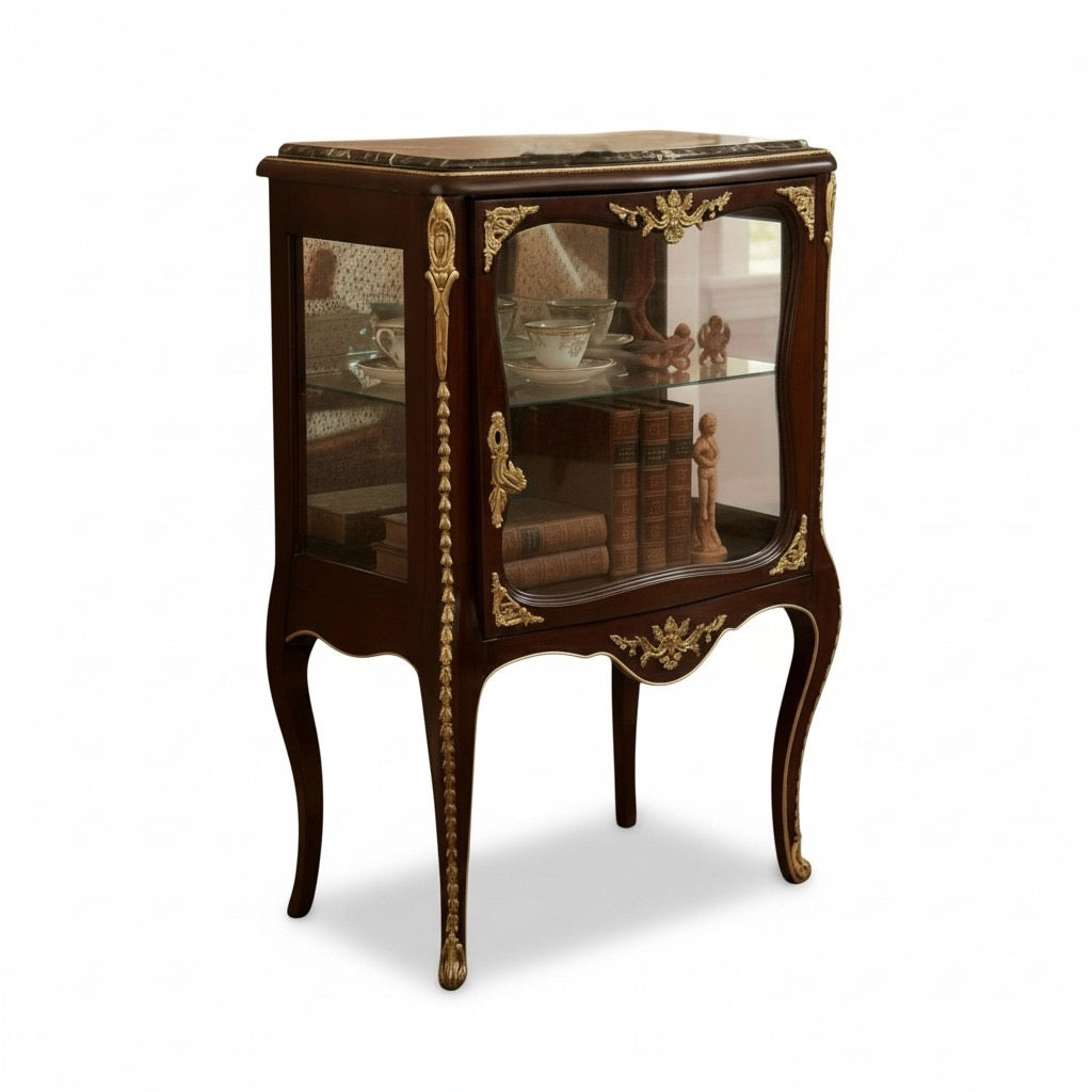 فاترينة أنتيك خشب زان مطعمة بالنحاس مع رخامة إمبرادور