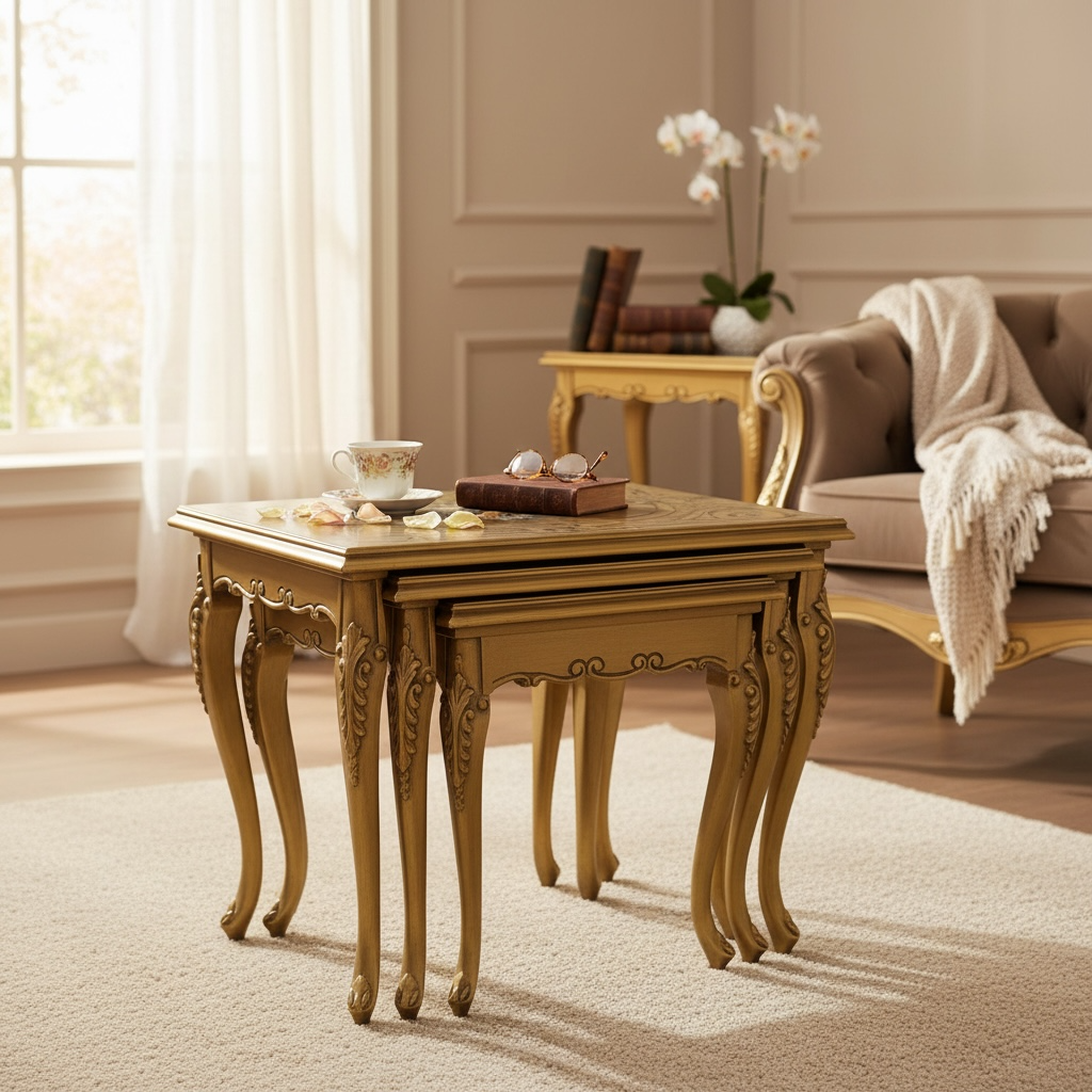 طقم ترابيزات كلاسيك ذهبي برسم يدوي وزجاج