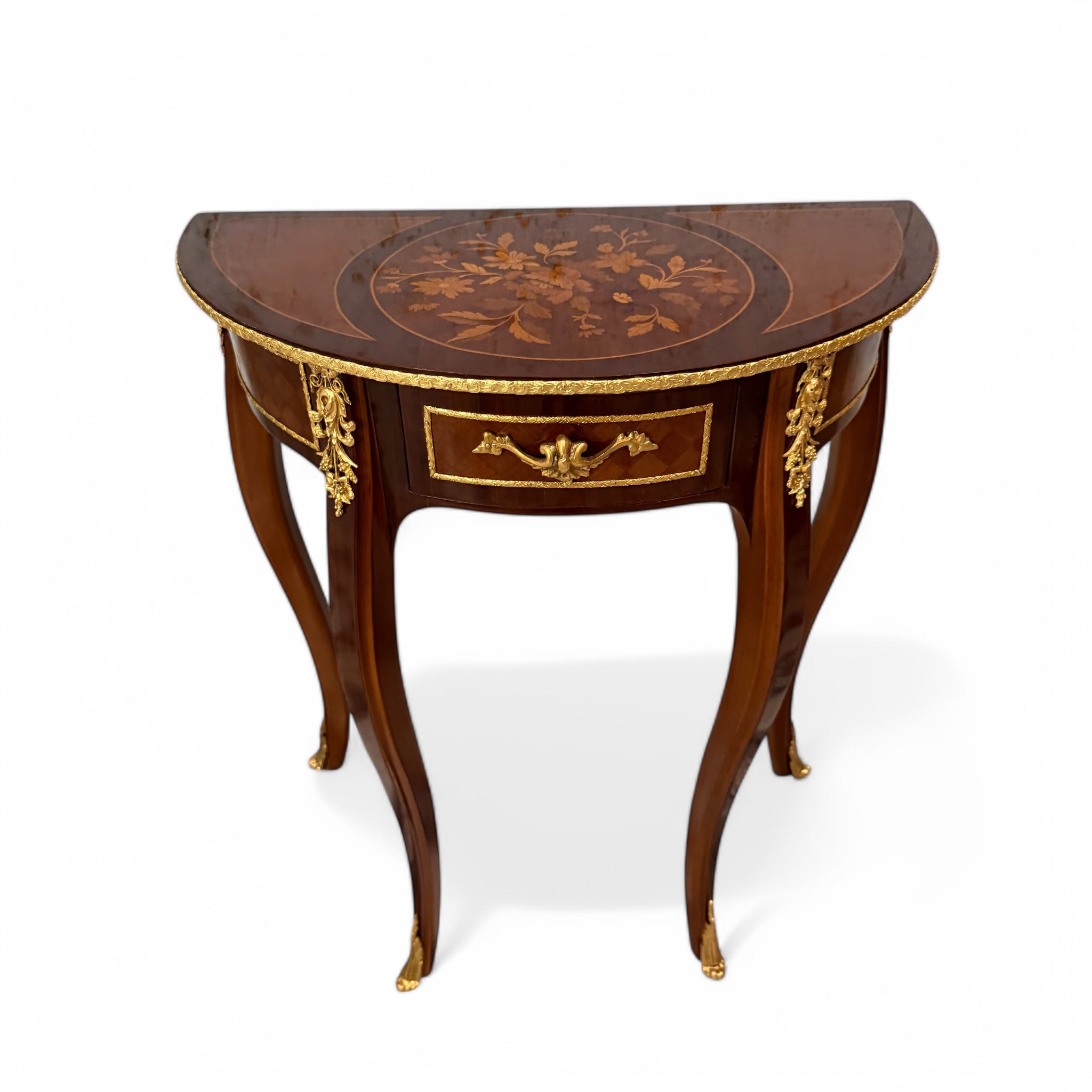 Classic semicircular table with marquetry and golden brass inlay