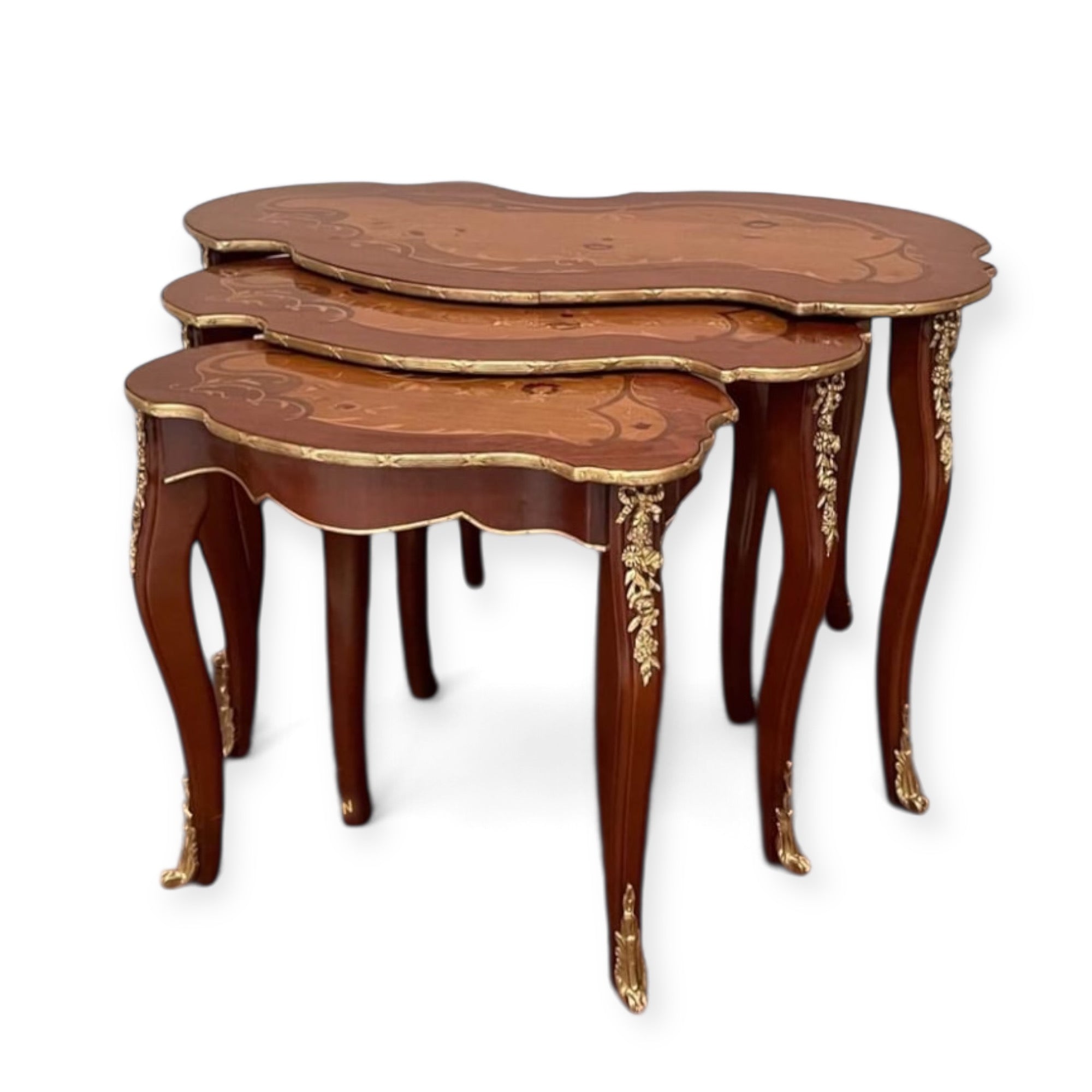 Rococo Table Set - 3 Pieces with Marquetry Inlay and Luxury Hand-Carved Brass