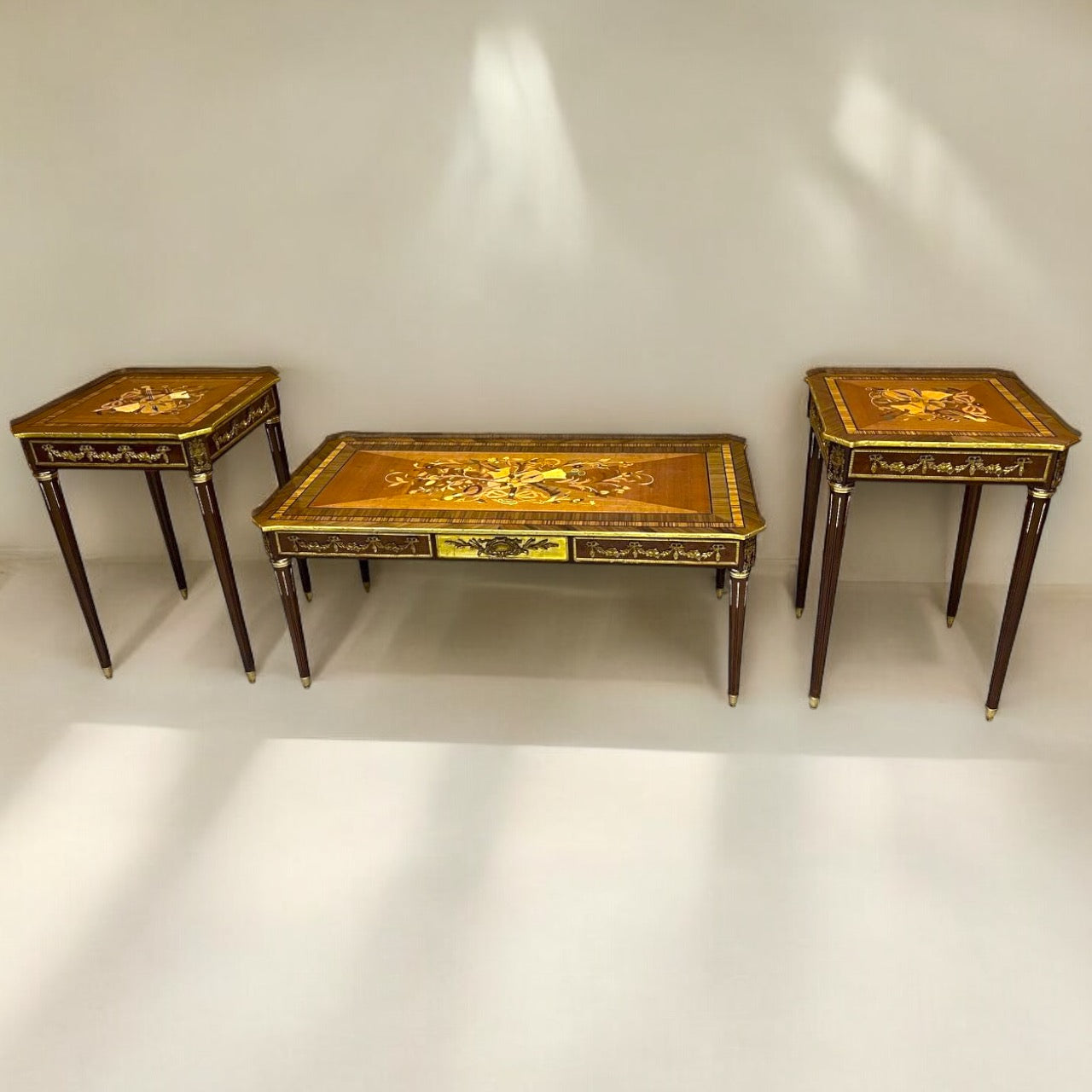 French style table set - marquetry and hand-crafted brass with antique details
