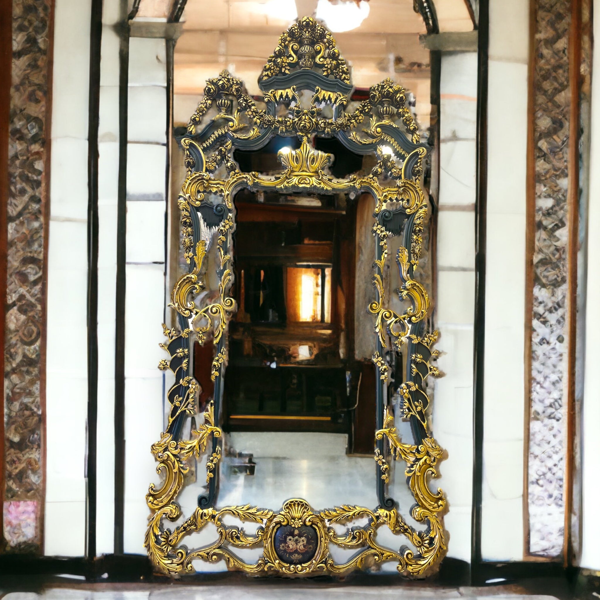 برواز ملكي هاند ميد - برواز انتيك مصنوع من الخشب الزان الطبيعي والحفر اليدوي المميز لاضافة لمسة جماليه فخمة والدهان ورق دهب و الزجاج جريش المقاسات: W 122 CM * H 240 CM