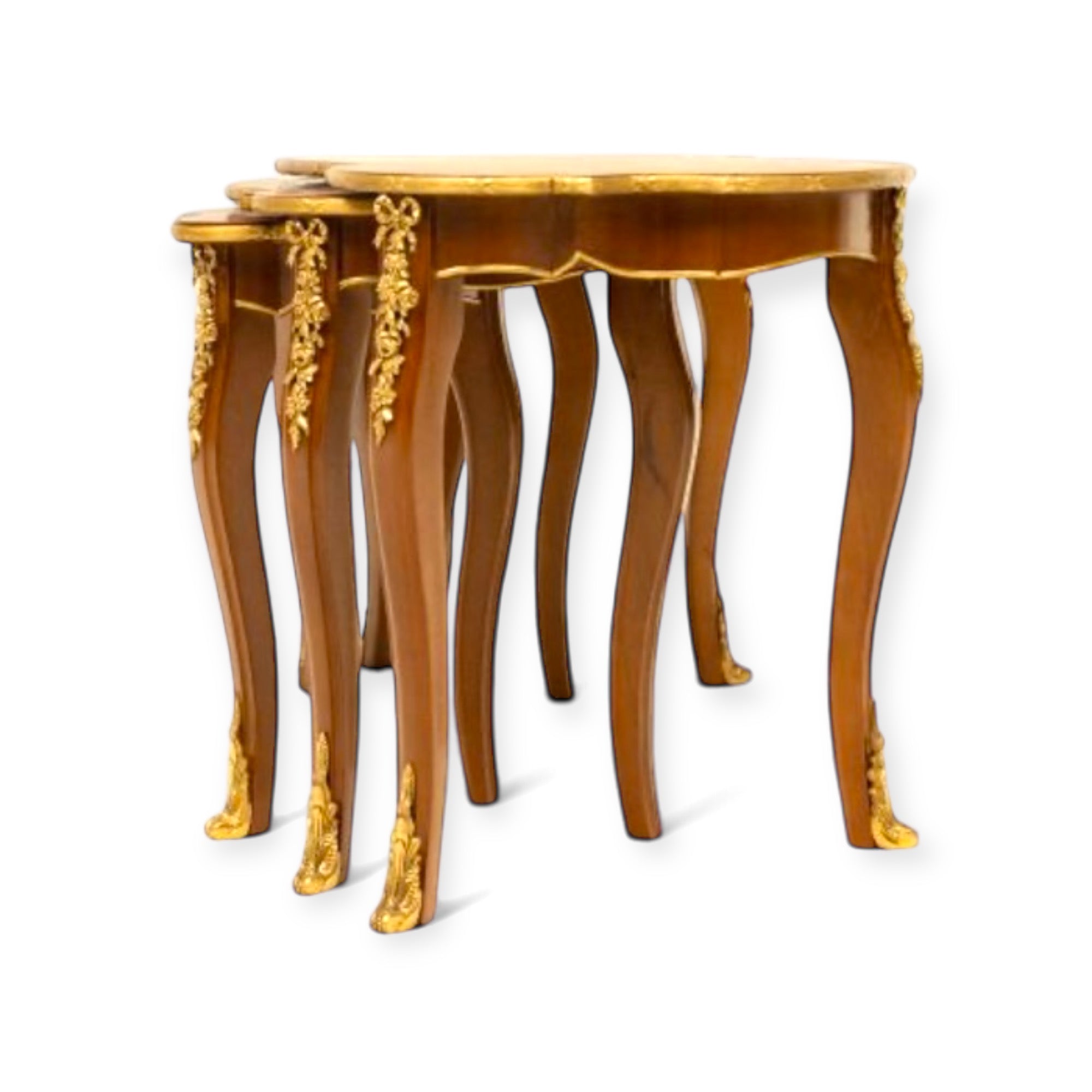 Rococo Table Set - 3 Pieces with Marquetry Inlay and Luxury Hand-Carved Brass
