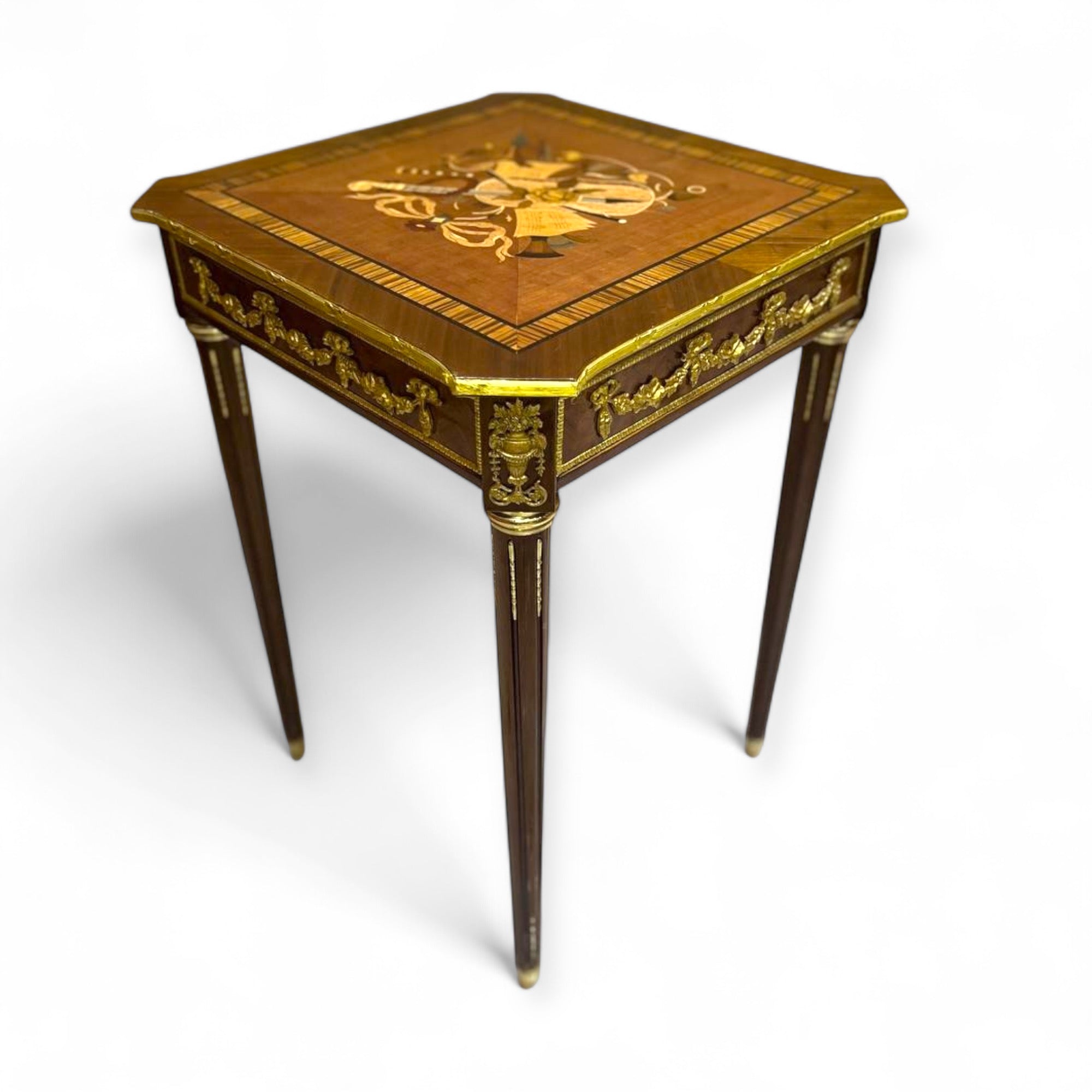 French style table set - marquetry and hand-crafted brass with antique details