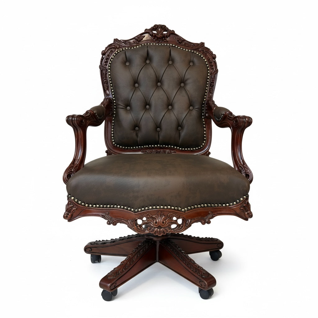 كرسي مكتب دوار كلاسيك جلد بني فاخر