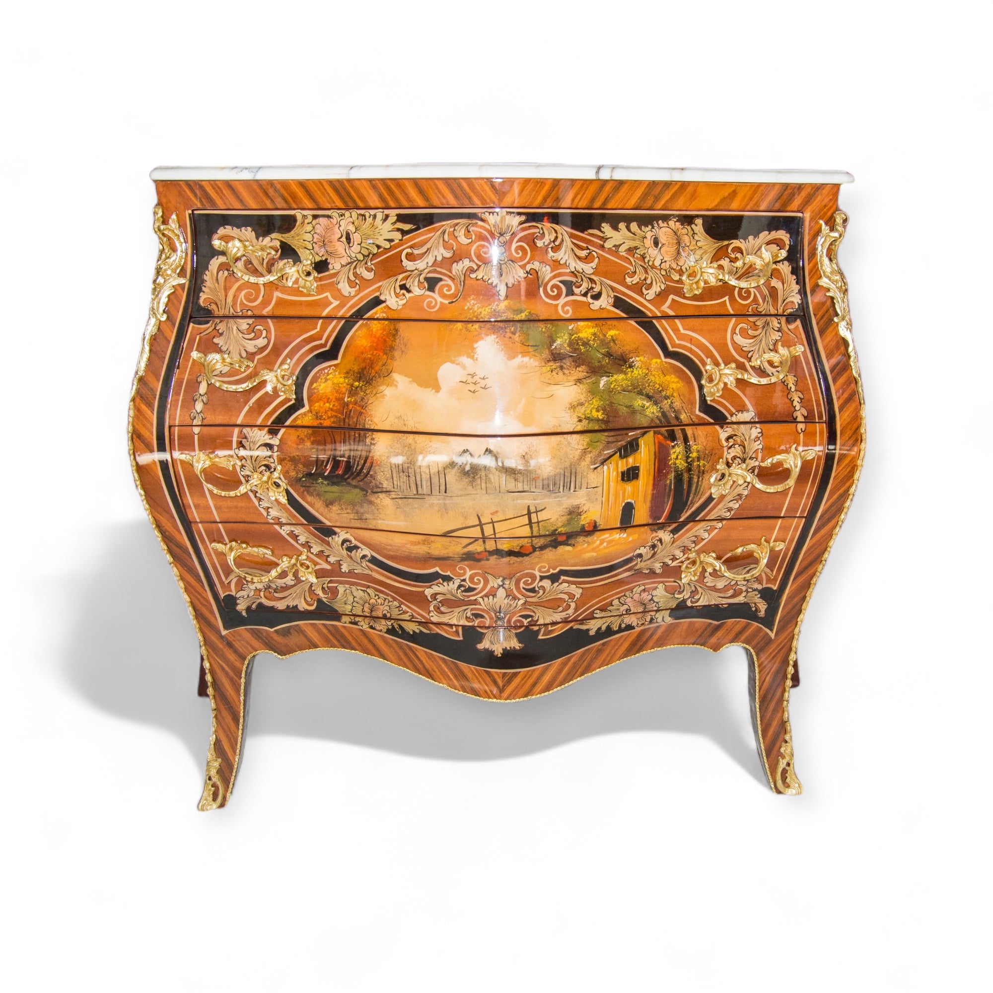 بايوه مطعم بالنحاس والرسم مقاس 110 سنتميتر - بايوه اربعة درج مصنع من الاخشاب و القشرة الطبيعية مطعمة بالنحاس والرسم اليدوي و القرصة رخام المقاسات: W 110 CM * H 90 CM * B 50 CM