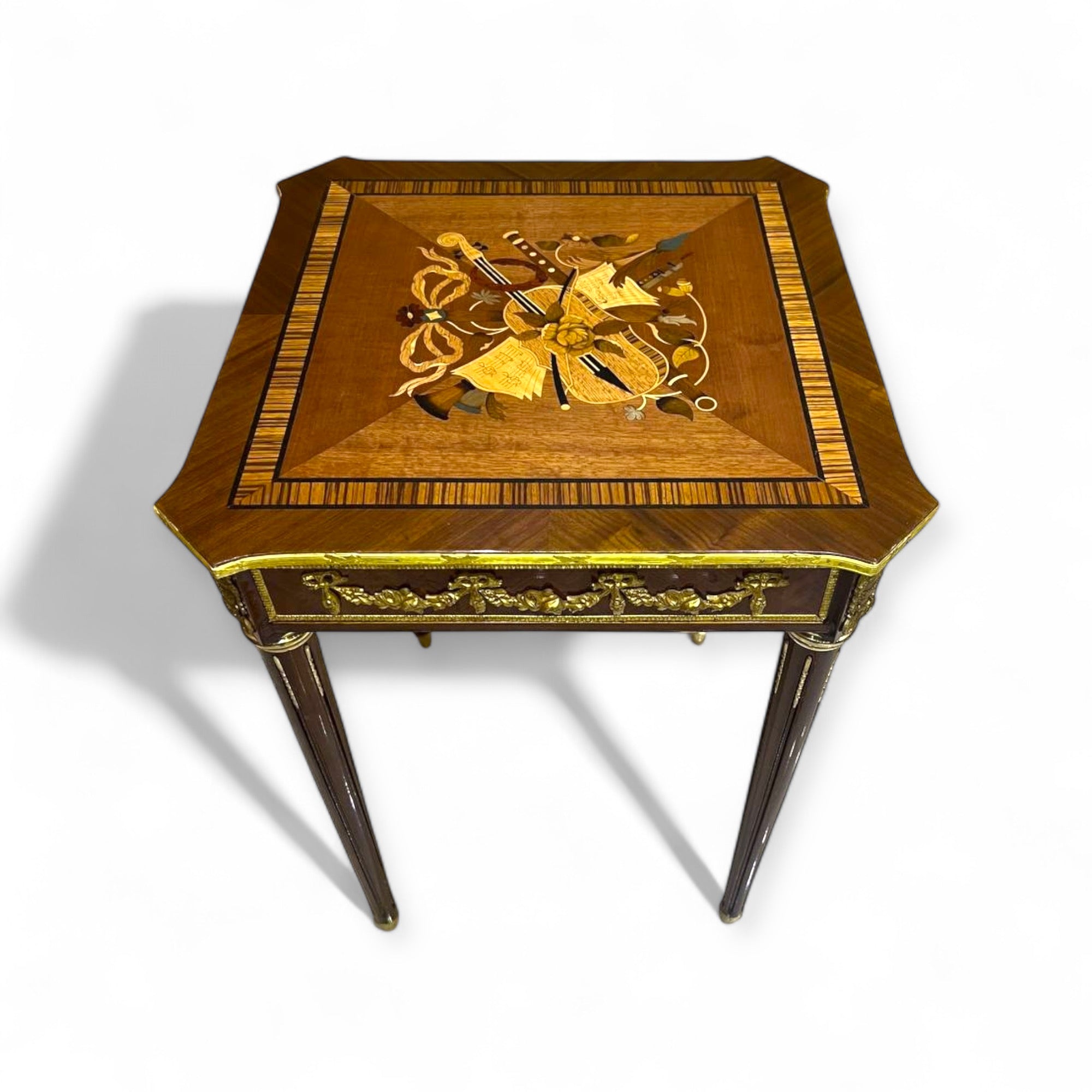 French style table set - marquetry and hand-crafted brass with antique details