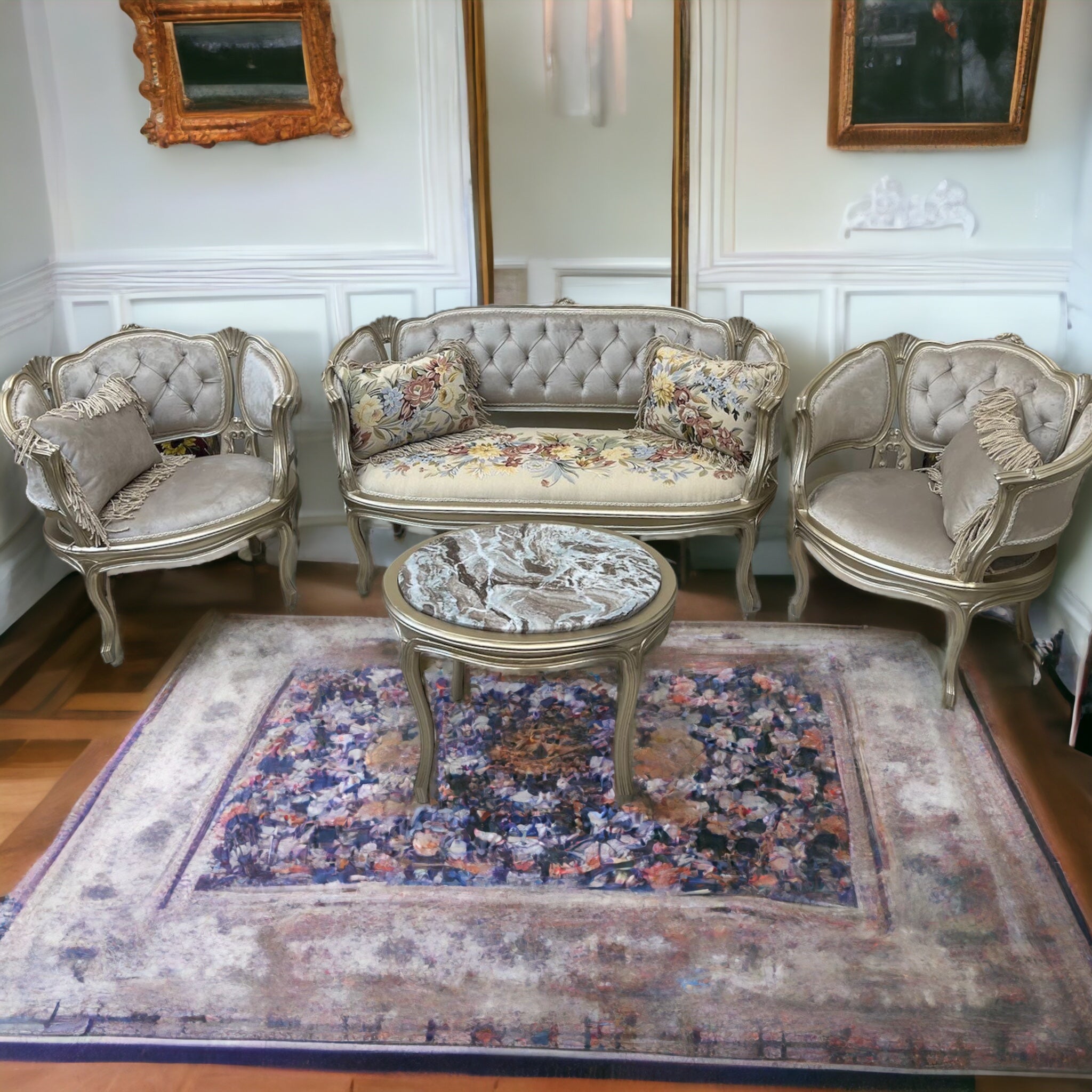 ميني صالون شامبين - ميني صالون شامبين مكون من كنبة واتنين فوتيه وترابيزة مصنع من خشب الزان الاحمر و القماش المستخدم قطيفة و تابلوه جوبلان في قاعدة الكنبة