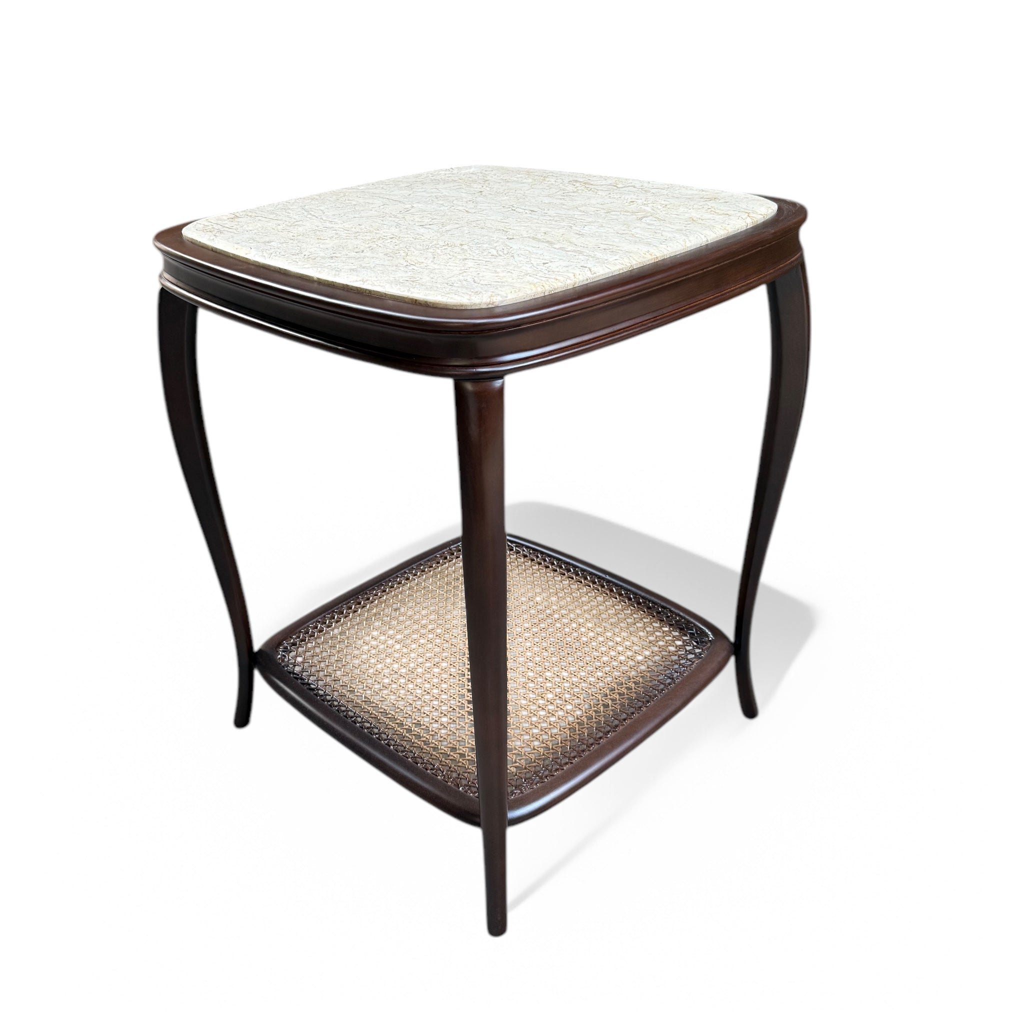 Brown side table inlaid with cane