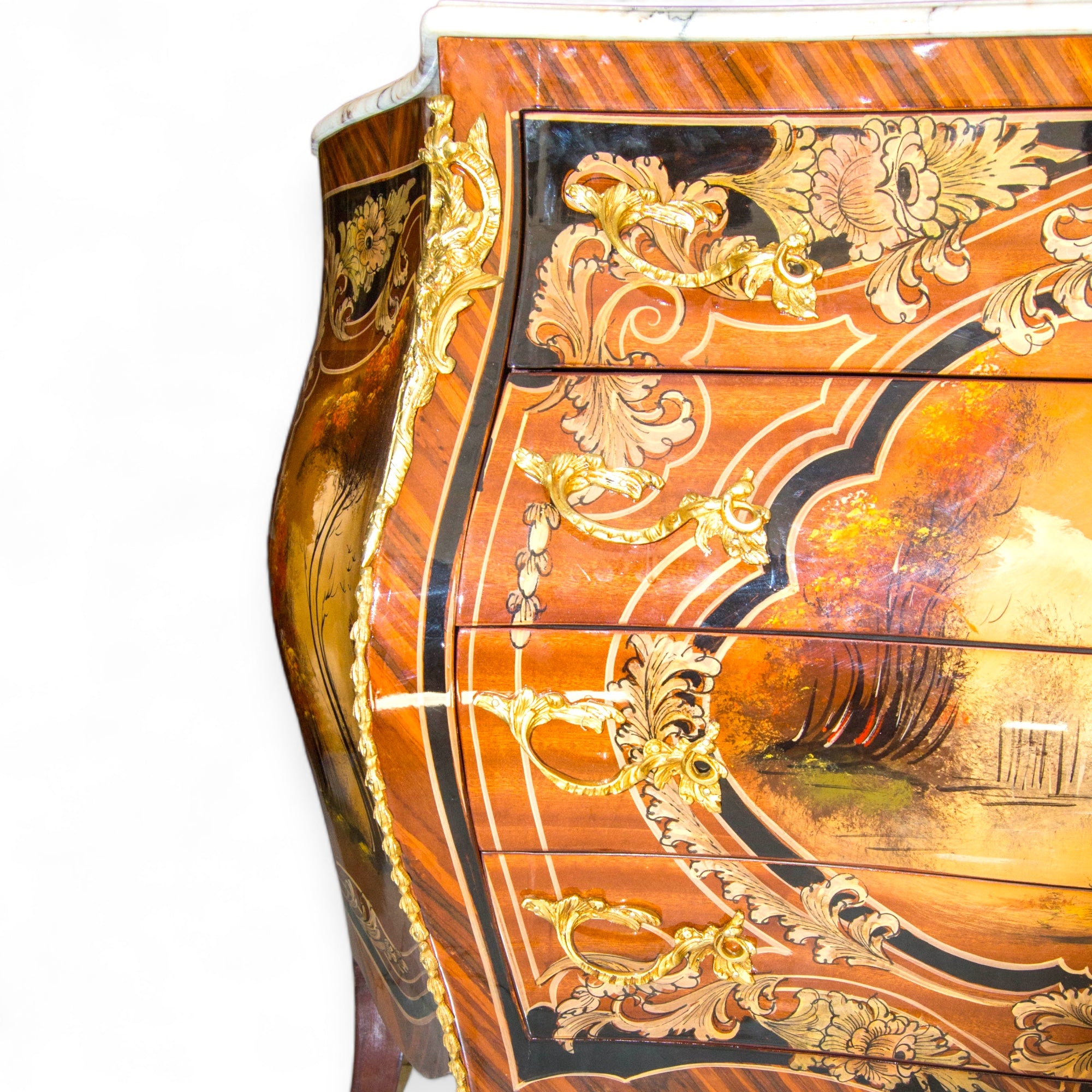 بايوه مطعم بالنحاس والرسم مقاس 110 سنتميتر - بايوه اربعة درج مصنع من الاخشاب و القشرة الطبيعية مطعمة بالنحاس والرسم اليدوي و القرصة رخام المقاسات: W 110 CM * H 90 CM * B 50 CM