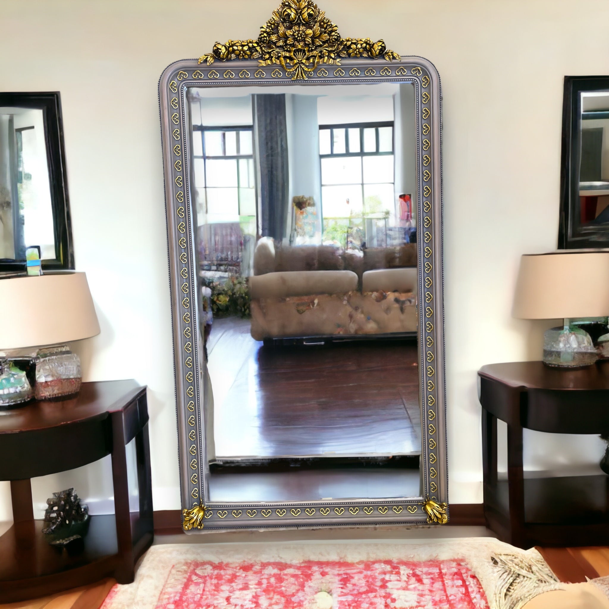 برواز مدخل - برواز انتيك من الخشب الزان حفر هاند ميد دهان دهبي متأكسد متداخل مع لون جراي و المرايا جريش المقاسات: W 110 CM * H 220 CM