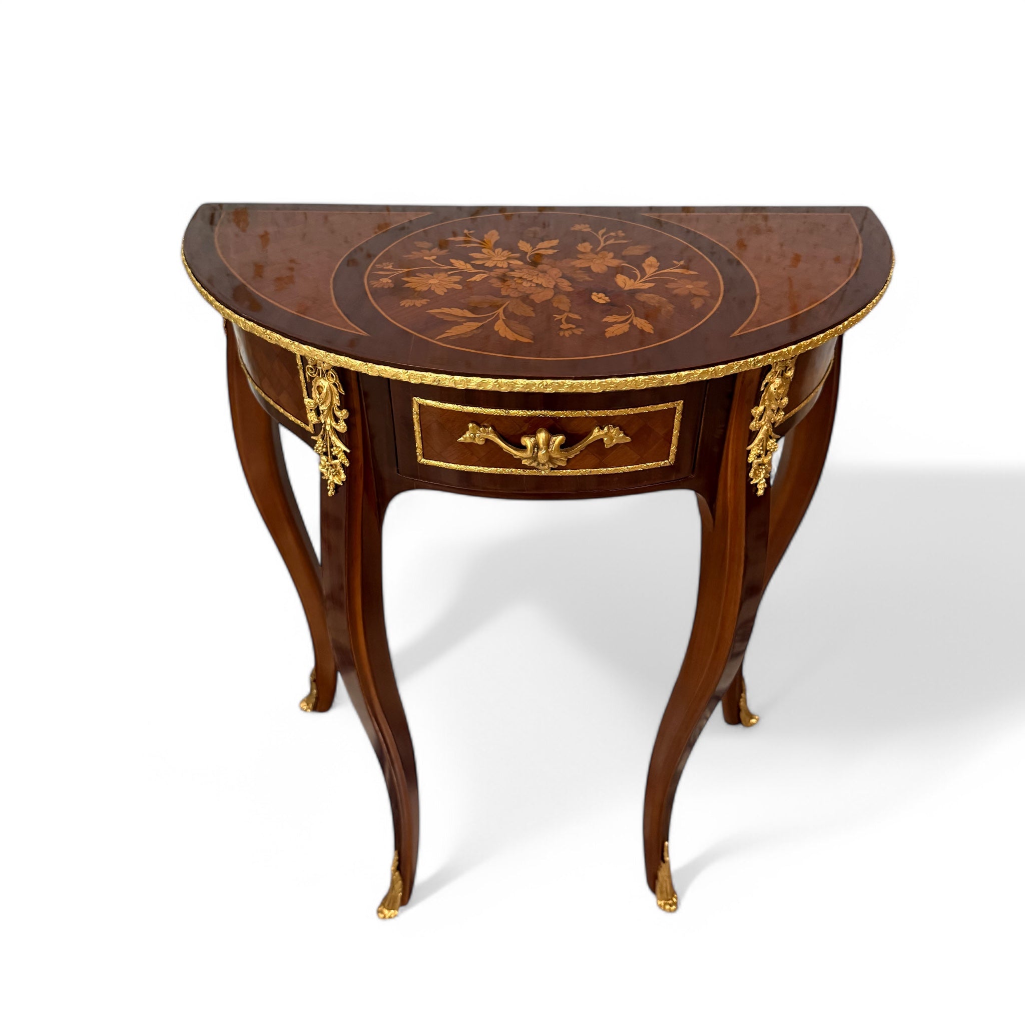 Classic semicircular table with marquetry and golden brass inlay