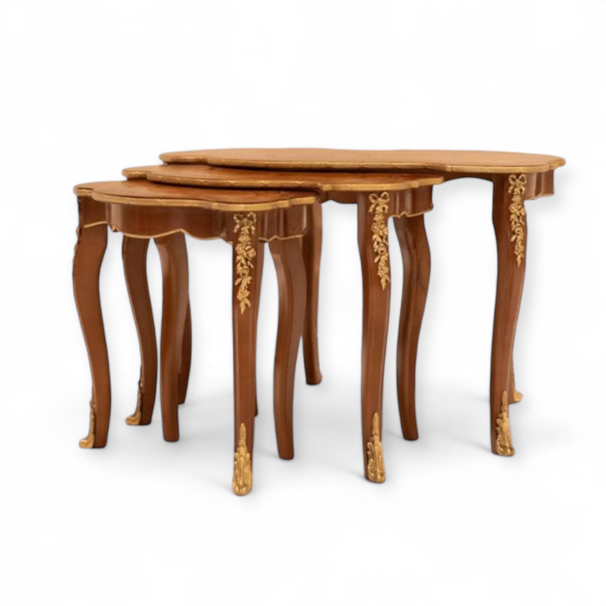 Rococo Table Set - 3 Pieces with Marquetry Inlay and Luxury Hand-Carved Brass