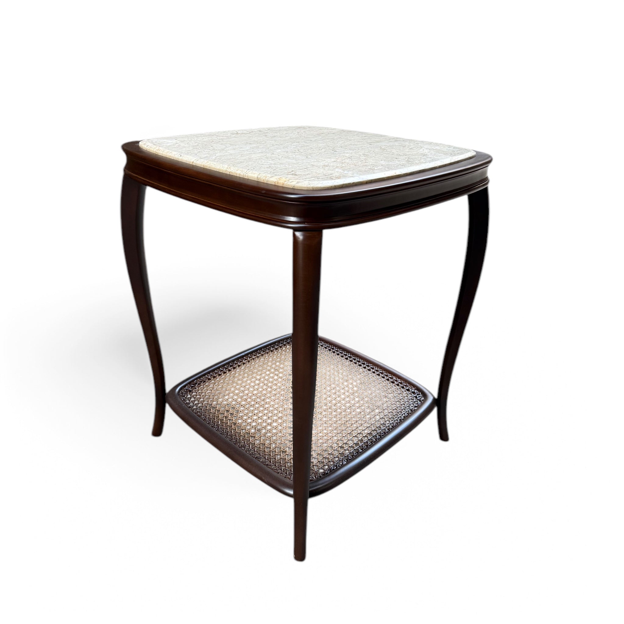 Brown side table inlaid with cane