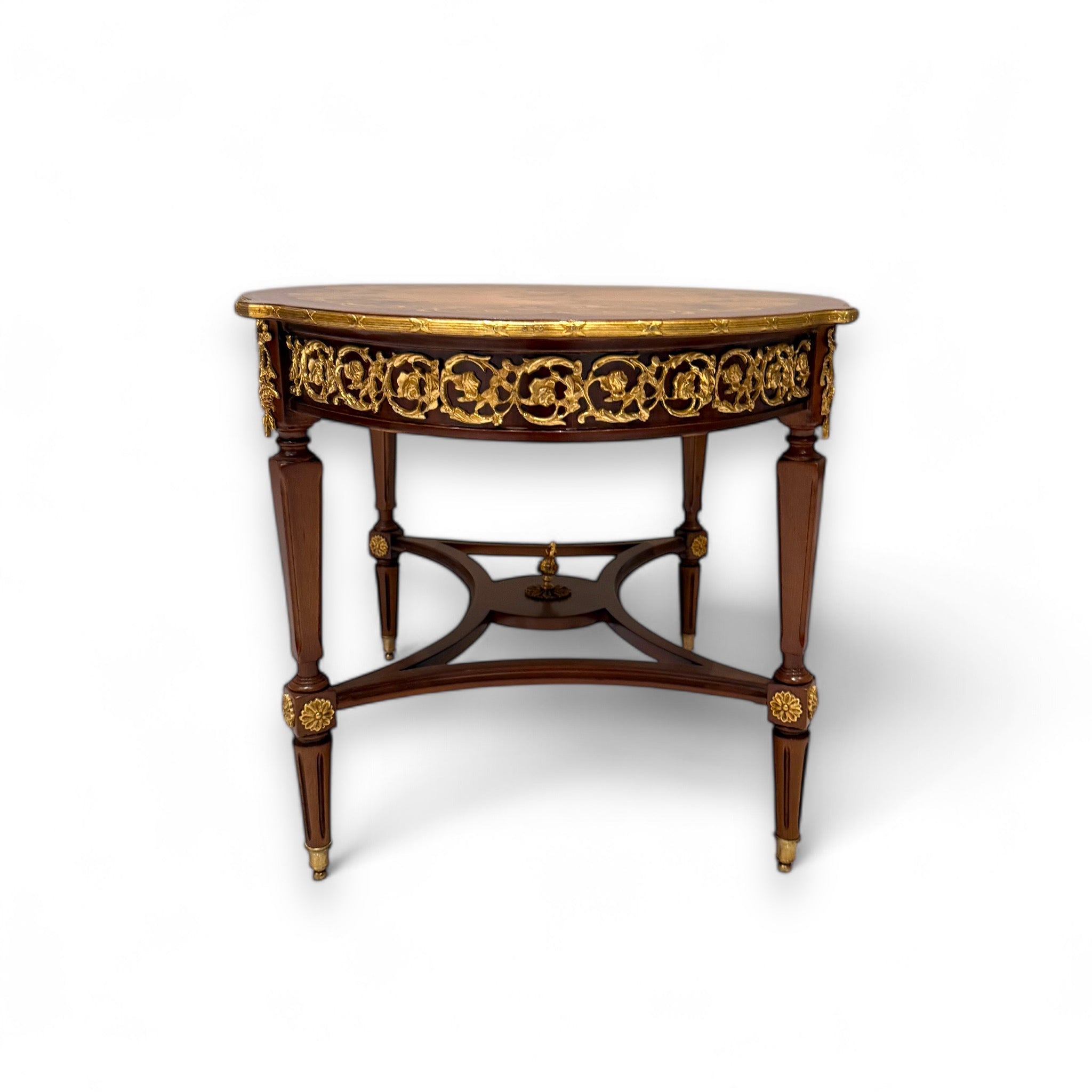 French Style Table Set - 3 Pieces Antique with Marquetry and Brass Inlay