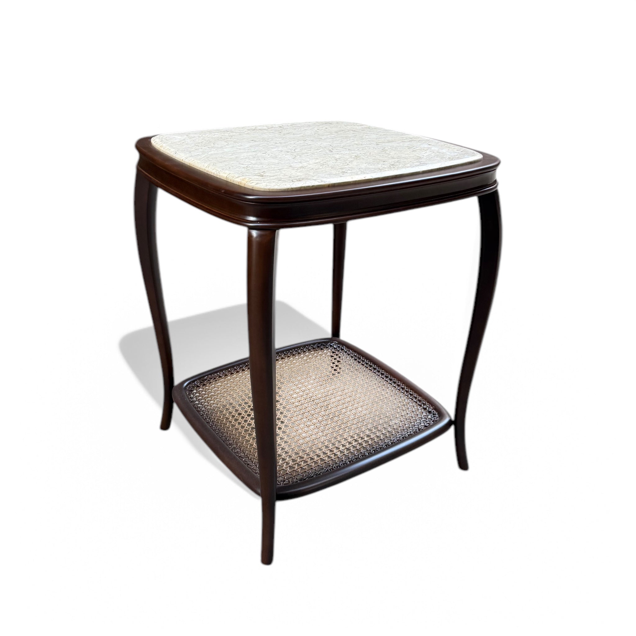 Brown side table inlaid with cane
