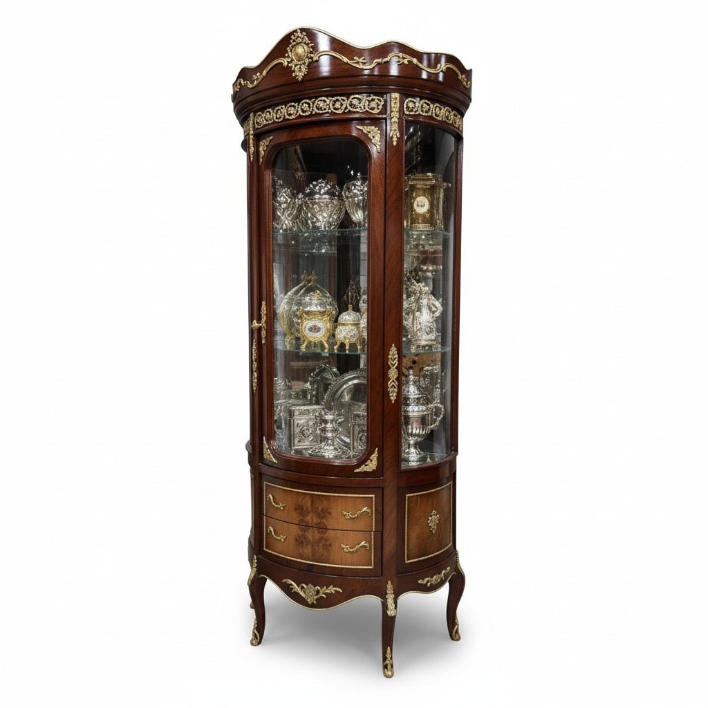 فاترينة أنتيك فاخرة مطعمة بالنحاس مع درجين تصميم كلاسيكي راقٍ