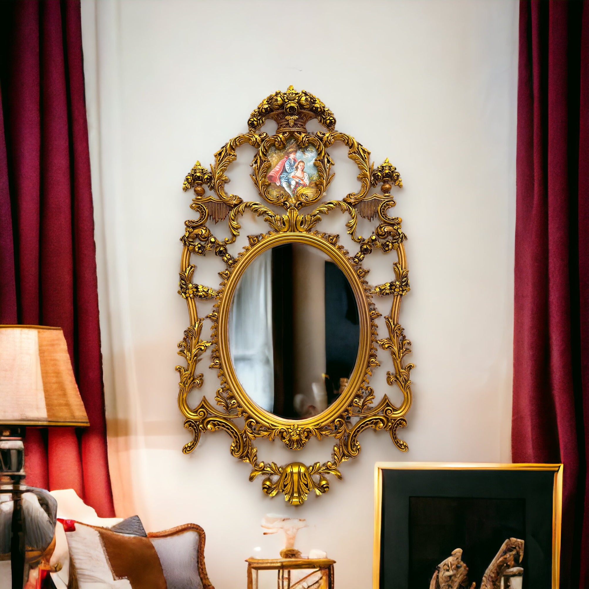 برواز معلق - برواز انتيك من الخشب الزان حفر هاند ميد دهان دهبي و مرايا جريش المقاسات: W 85 CM * H 150 CM