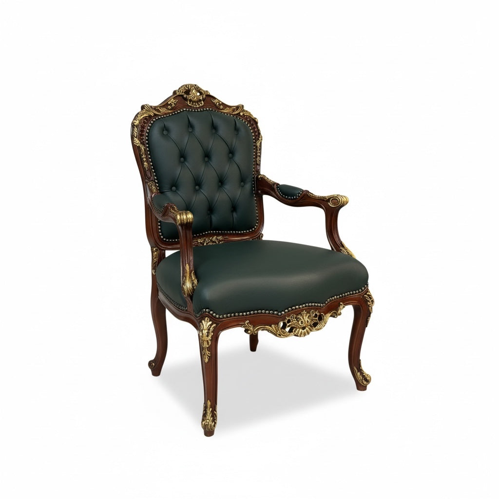 كرسي كلاسيك فاخر من الخشب الزان بجلد إيطالي أخضر
