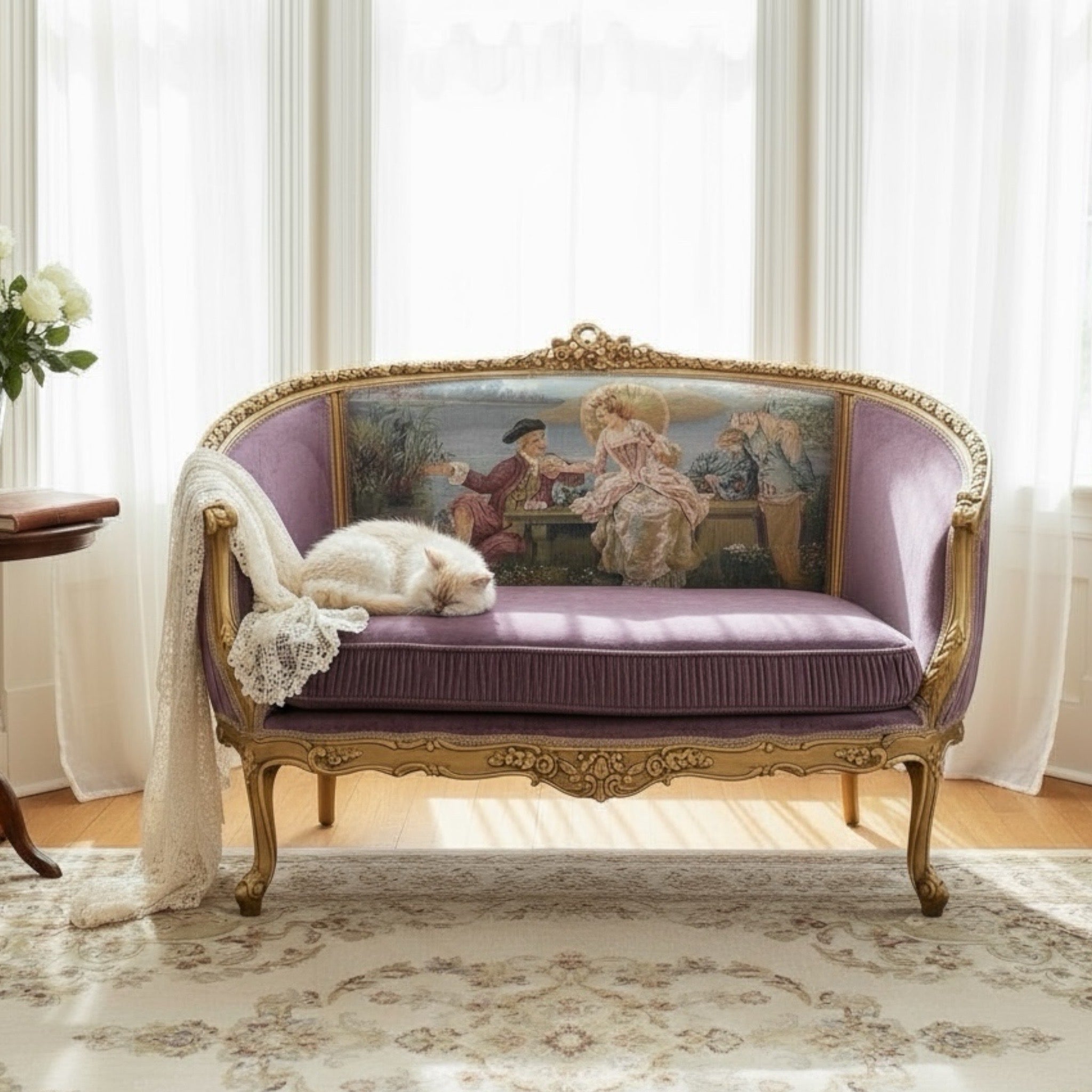 كنبة أنتيك فخمة من الخشب الزان بتنجيد قطيفة ولوحة جوبلان