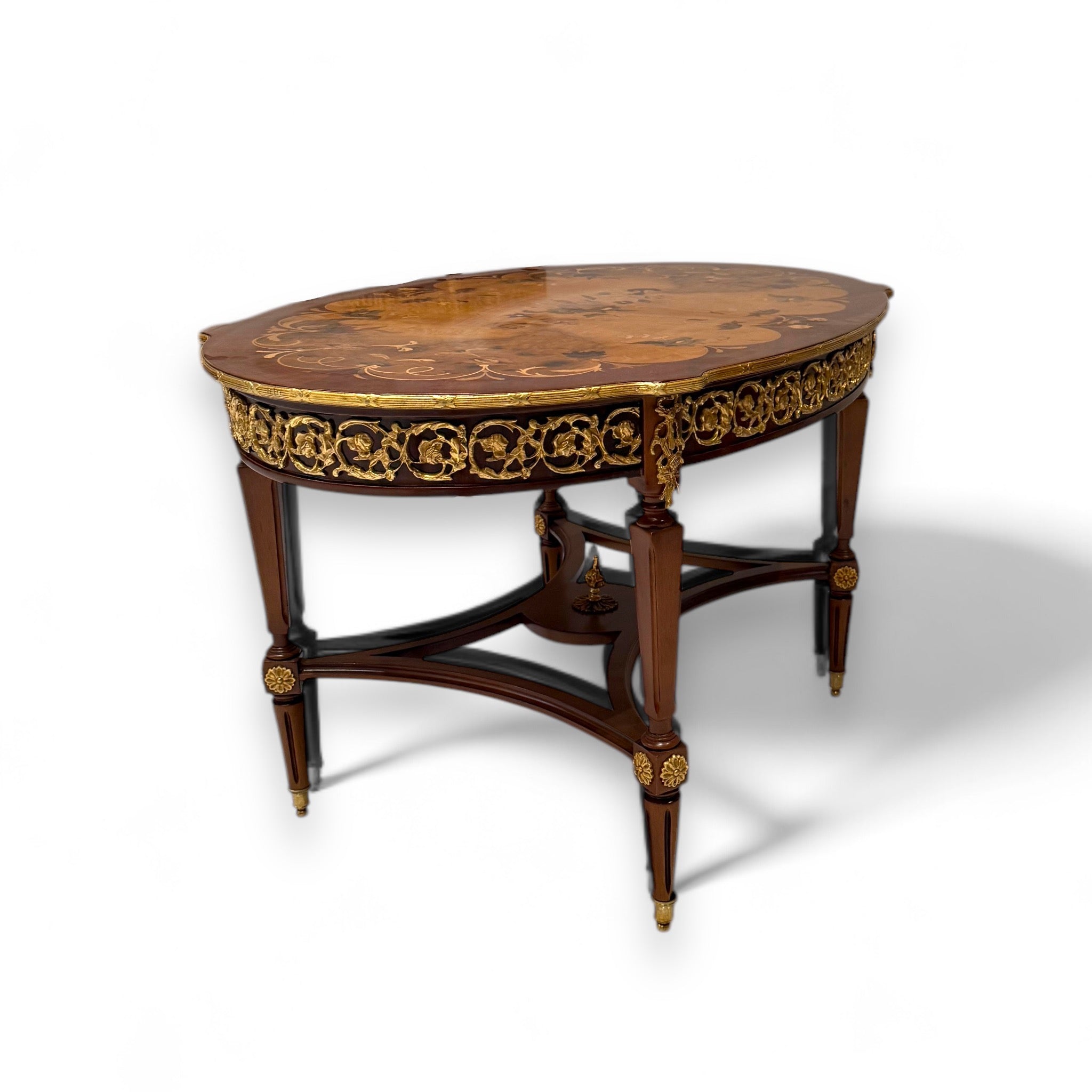 French Style Table Set - 3 Pieces Antique with Marquetry and Brass Inlay