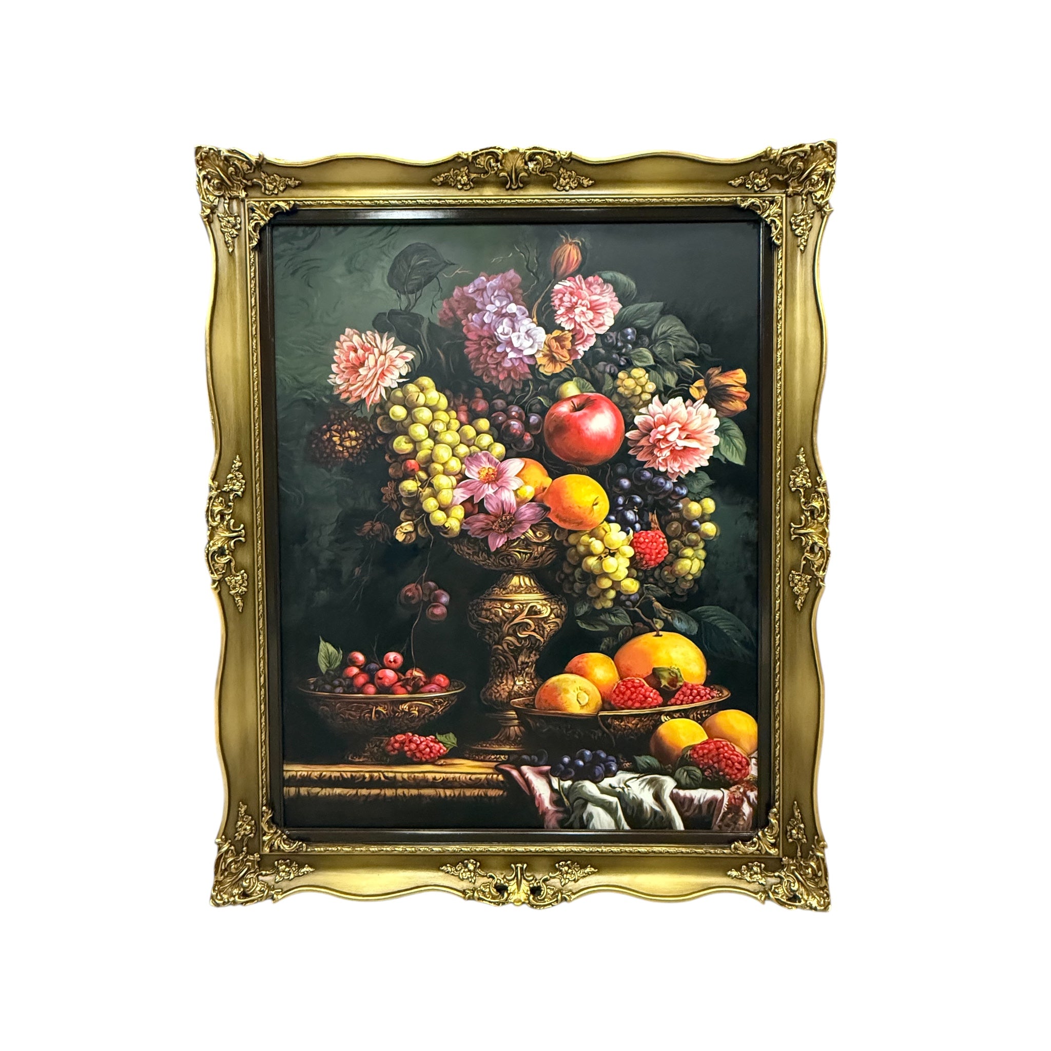 برواز مع لوحة برسم زيت - برواز فريم خشبي و الاويمة جي ار بي واللوحة رسم زيت والدهان بودره في دهب متأكسد ومترب المقاسات: W 135 CM * H 165 CM