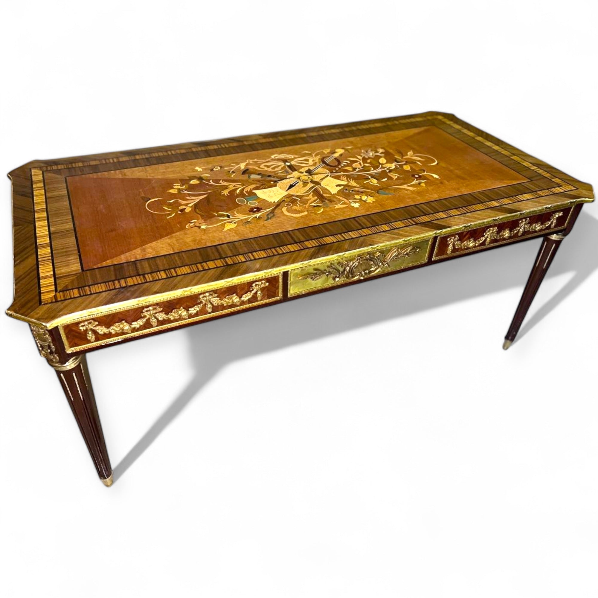 French style table set - marquetry and hand-crafted brass with antique details