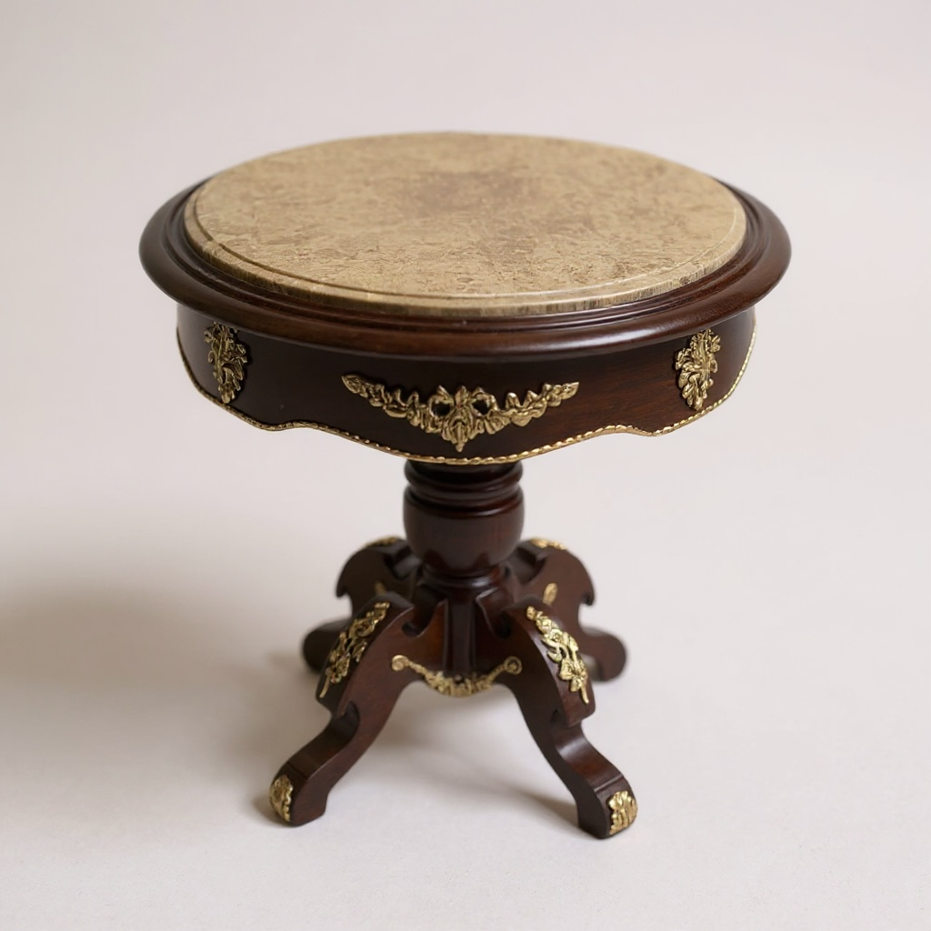 ترابيزة دائرية خشب طبيعي مطعمة بالنحاس وقرصة رخام امبرادور