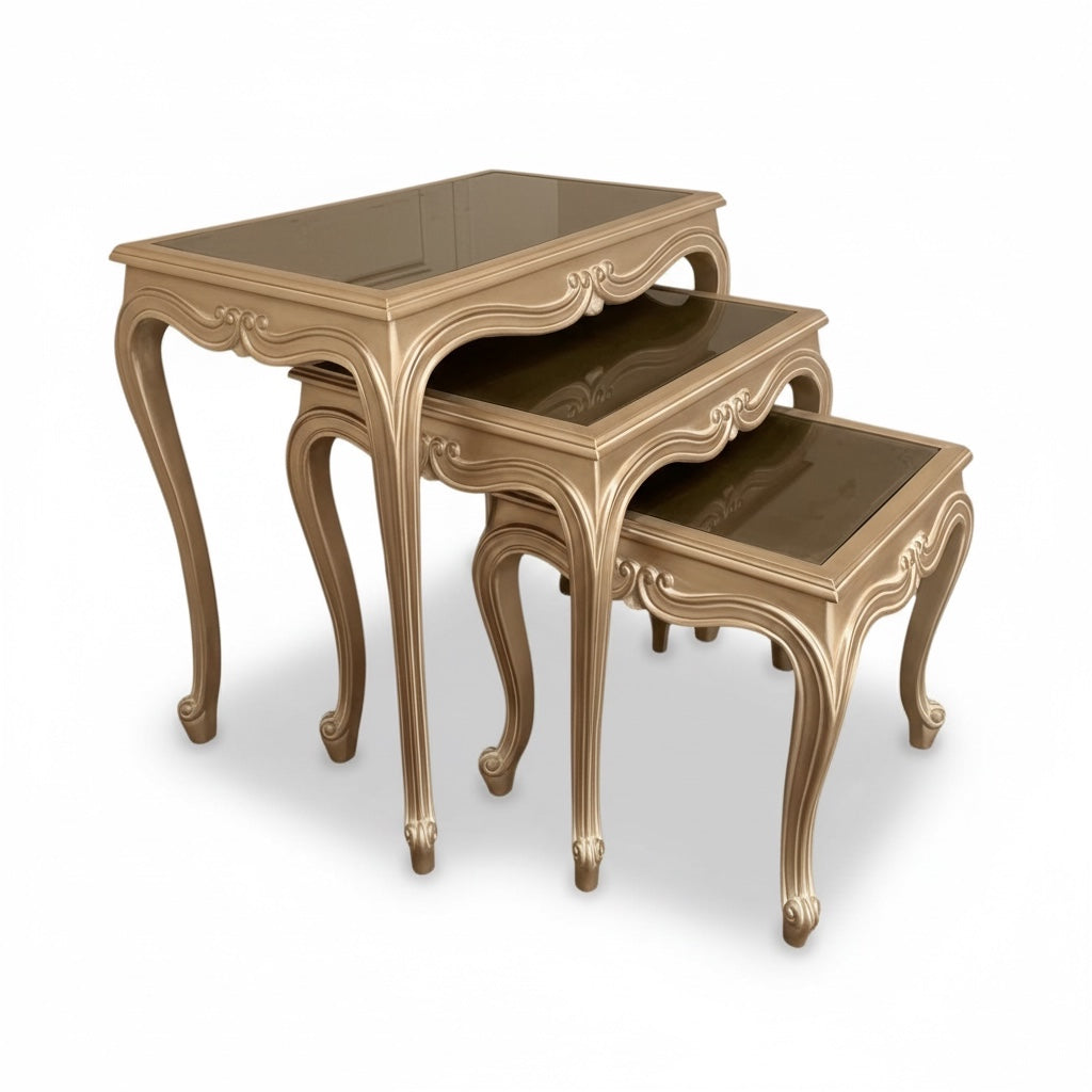 طقم ترابيزات متداخل شامبين بزجاج فاميه – 3 قطع - Nabolia