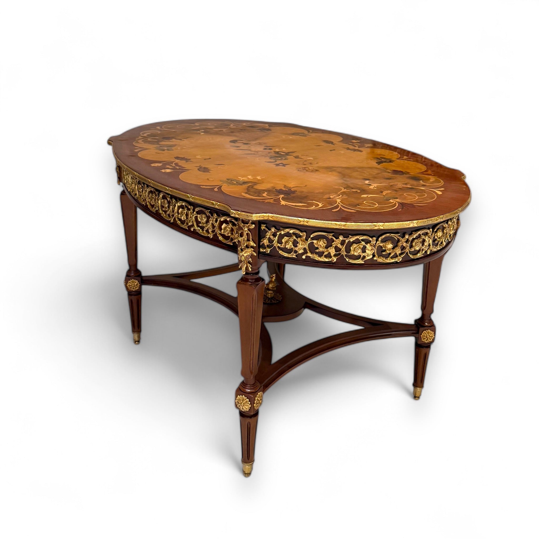 French Style Table Set - 3 Pieces Antique with Marquetry and Brass Inlay