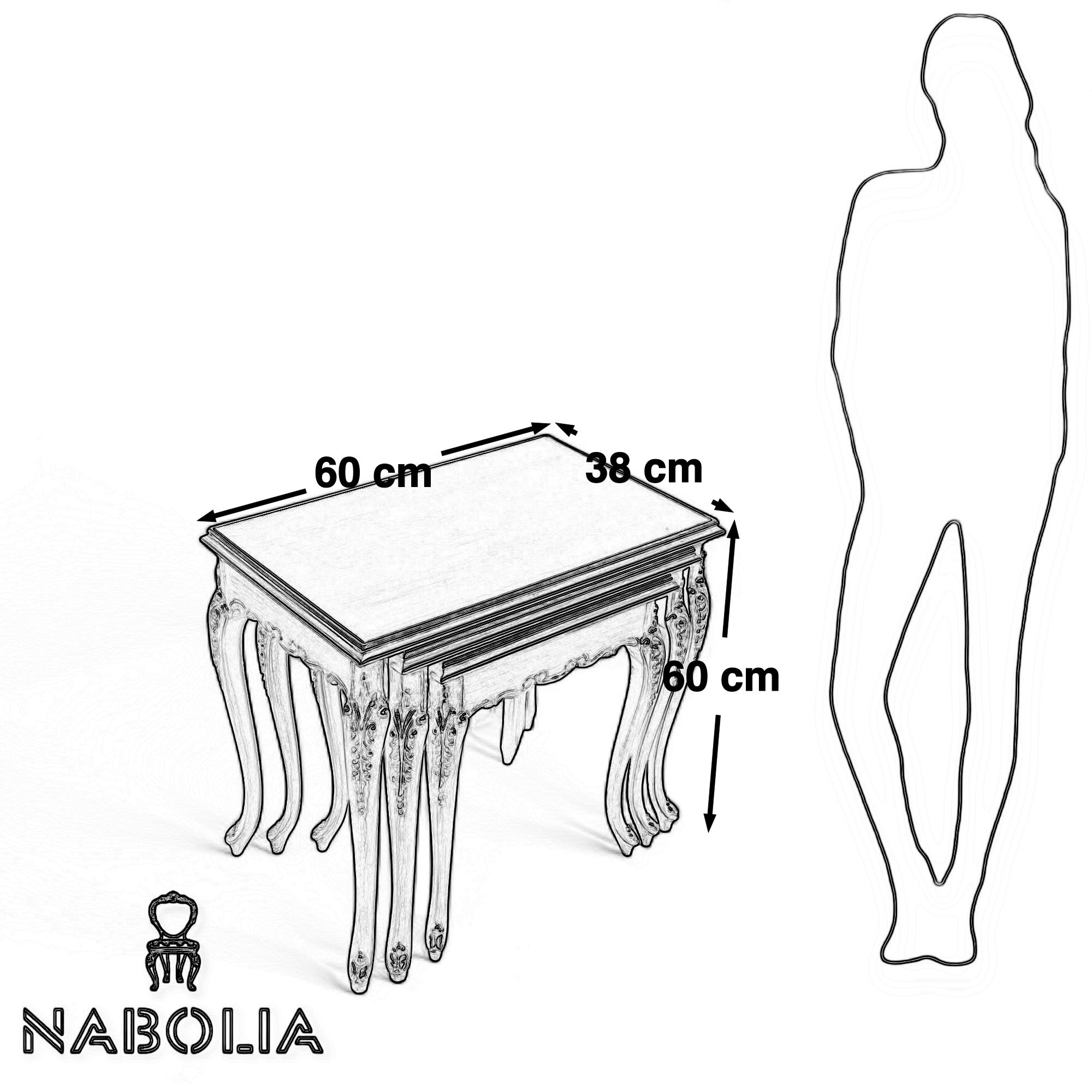 طقم ترابيزات ثلاثي كلاسيك بزجاج بني - طقم ترابيزات ثلاثي متداخل بتصميم كلاسيكي فاخر، مصنوع من الخشب الزان الطبيعي المتين ومطلي بدهان دهبي مترب يضيف لمسة فخامة على المكان. يتميز بقرصات زجاج بلون بني أنيق، مما يجعله قطعة مثالية لإضافة لمسة ديكور مميزة في غرفة المعيشة أو الصالون المقاساتعرض 60 سم × عمق 38 سم × ارتفاع 60 سمعرض 50 سم × عمق 34 سم × ارتفاع 50 سمعرض 30 سم × عمق 26 سم × ارتفاع 30 سم