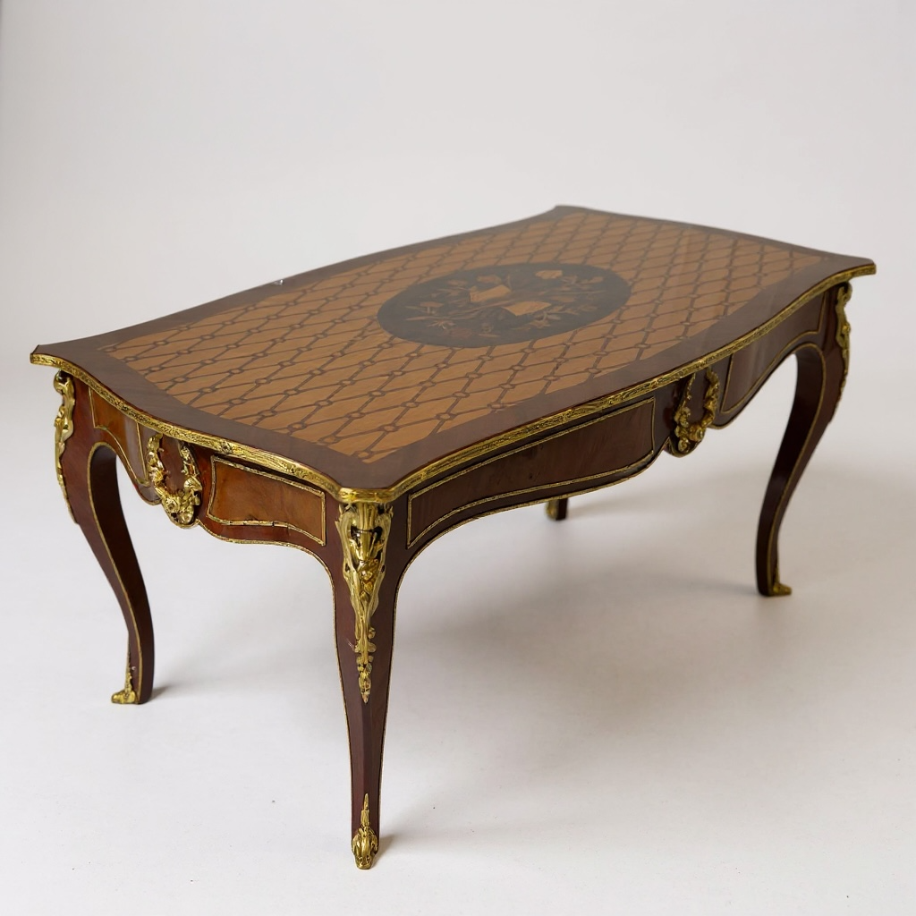 Luxury marquetry center table with copper inlays