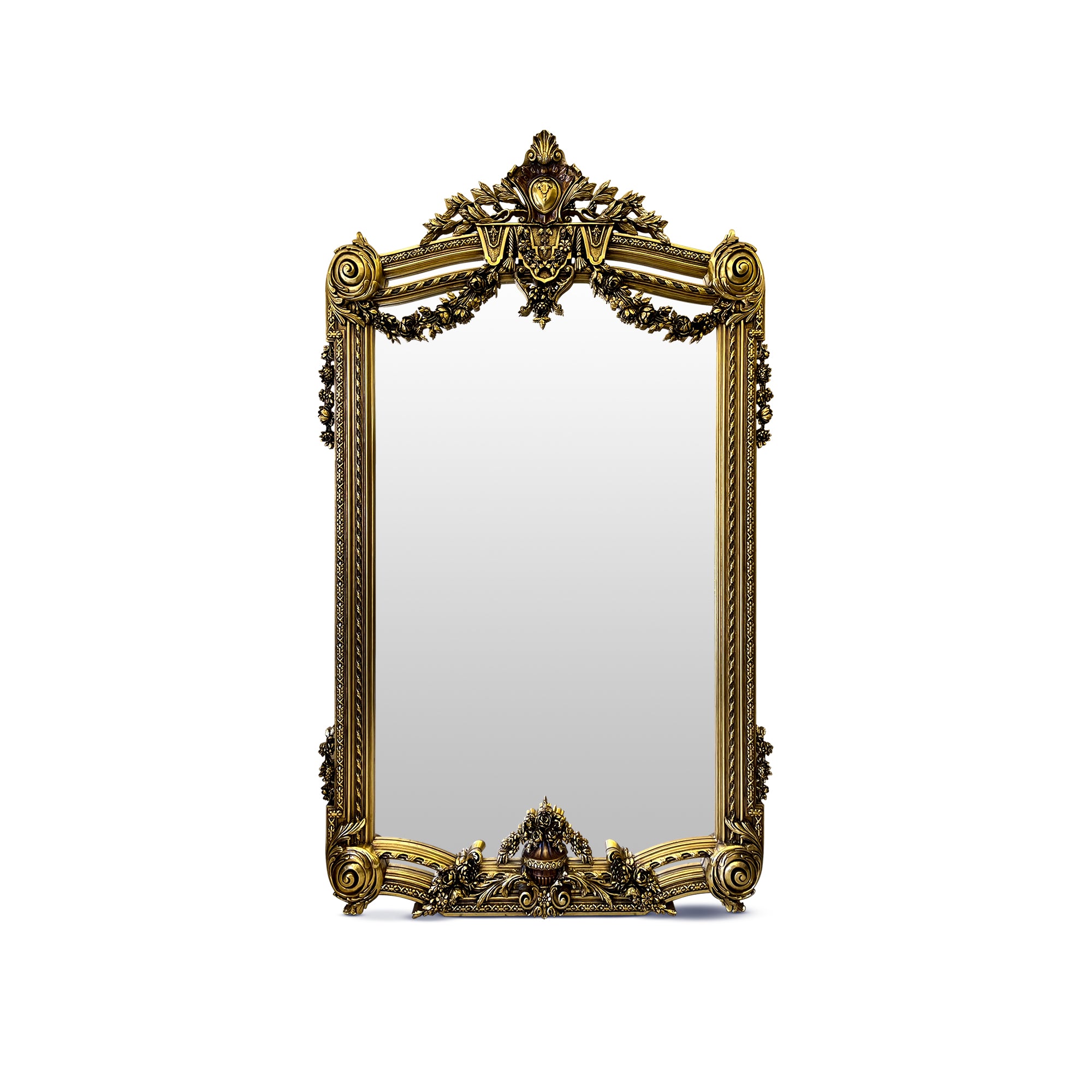 برواز ملكي دهبي - برواز انتيك فخم مصنوع من الخشب الزان الطبيعي والحفر اليدوي المميز لاضافة لمسة جماليه فخمة والدهان ورق دهب متأكسد و المرايا جريش المقاسات: W 140 CM * H 240 CM