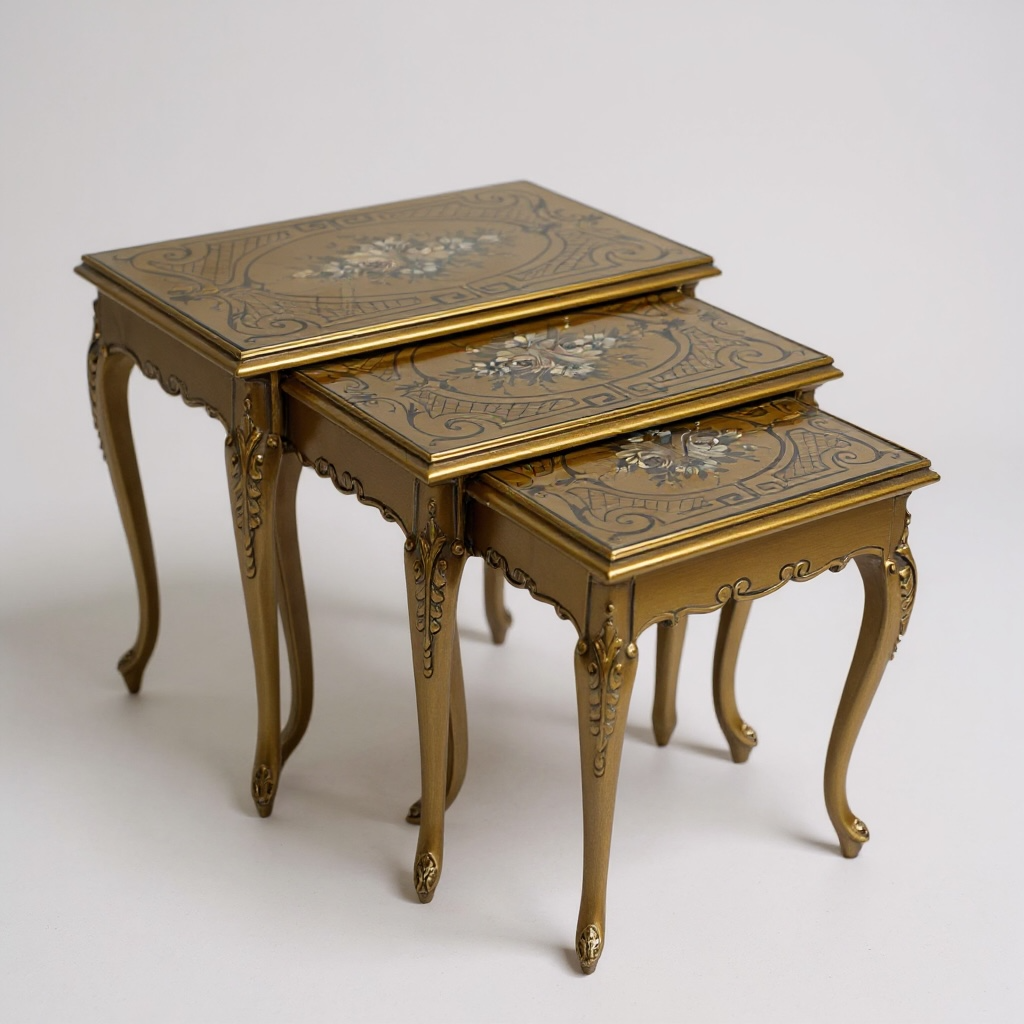 طقم ترابيزات كلاسيك ذهبي برسم يدوي وزجاج