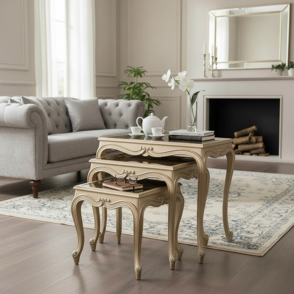 طقم ترابيزات متداخل شامبين بزجاج فاميه – 3 قطع - Nabolia