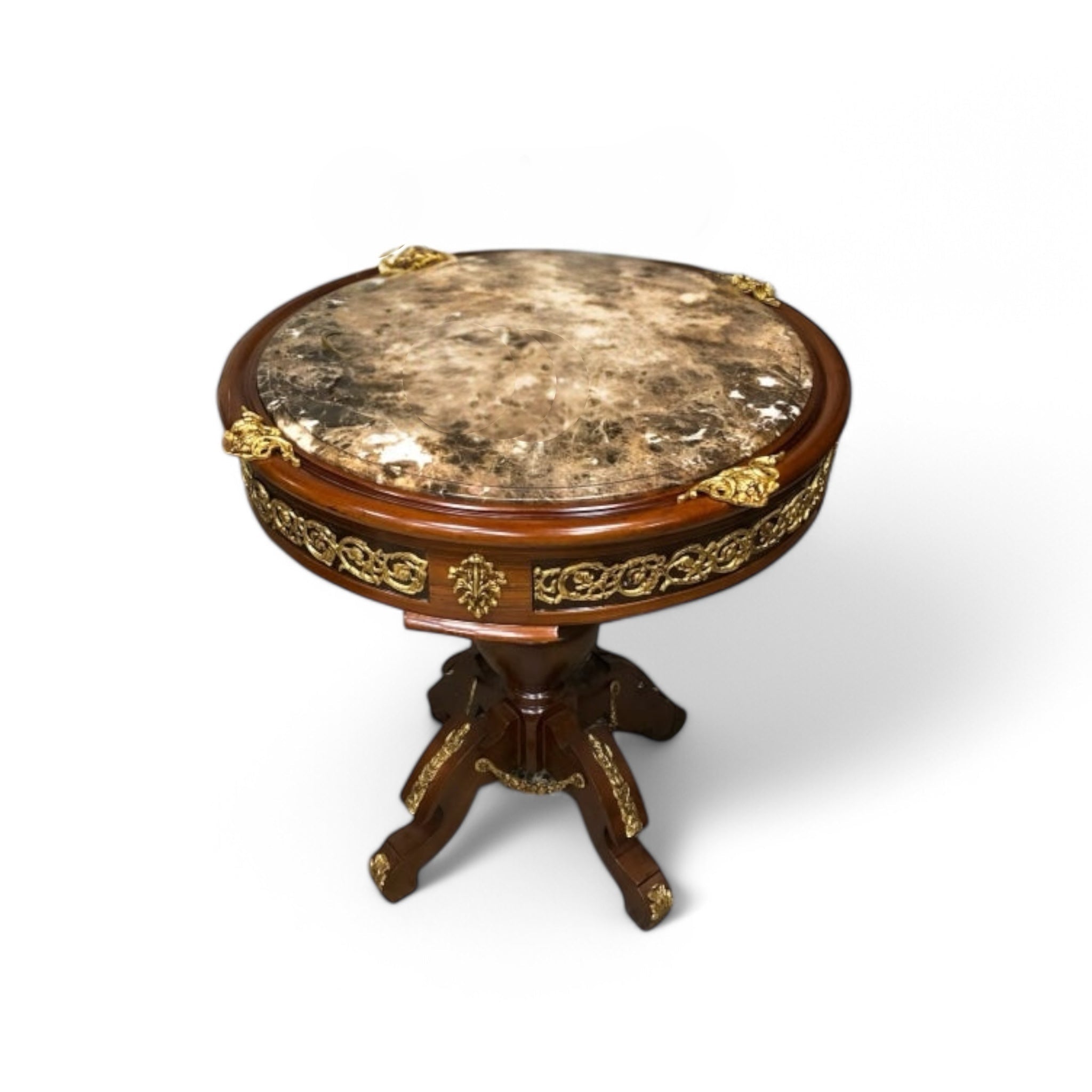 ترابيزة دائرية مطعمة بالنحاس وقرصة رخام امبرادور