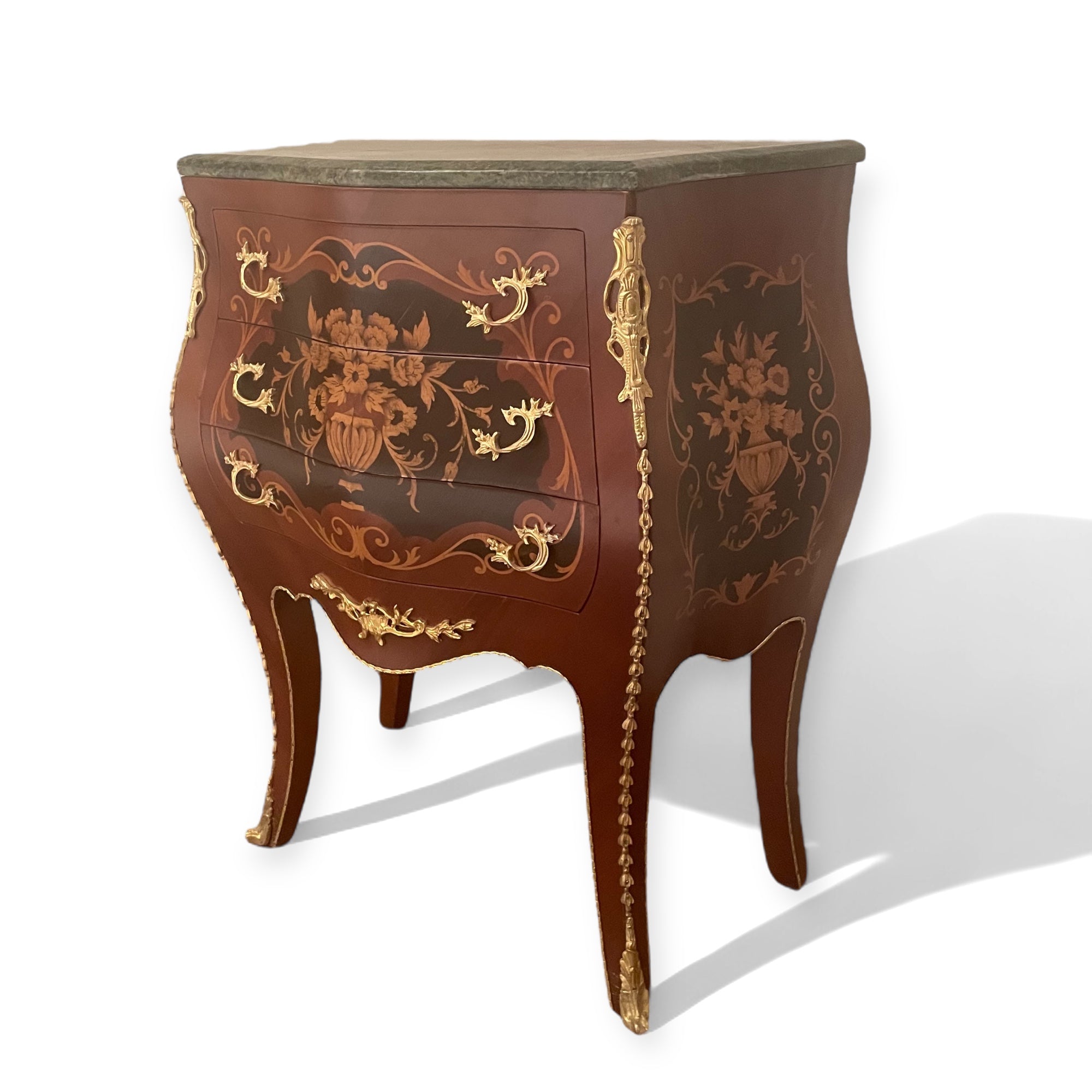 بايوه ماركتريه تلاتة درج مطعم بالنحاس - بايوه تلاتة درج ماركتريه طبيعي والقشرة الطبيعية و رخام اخضر هندي المقاسات: W 60 CM * H 75 CM * B 34 CM